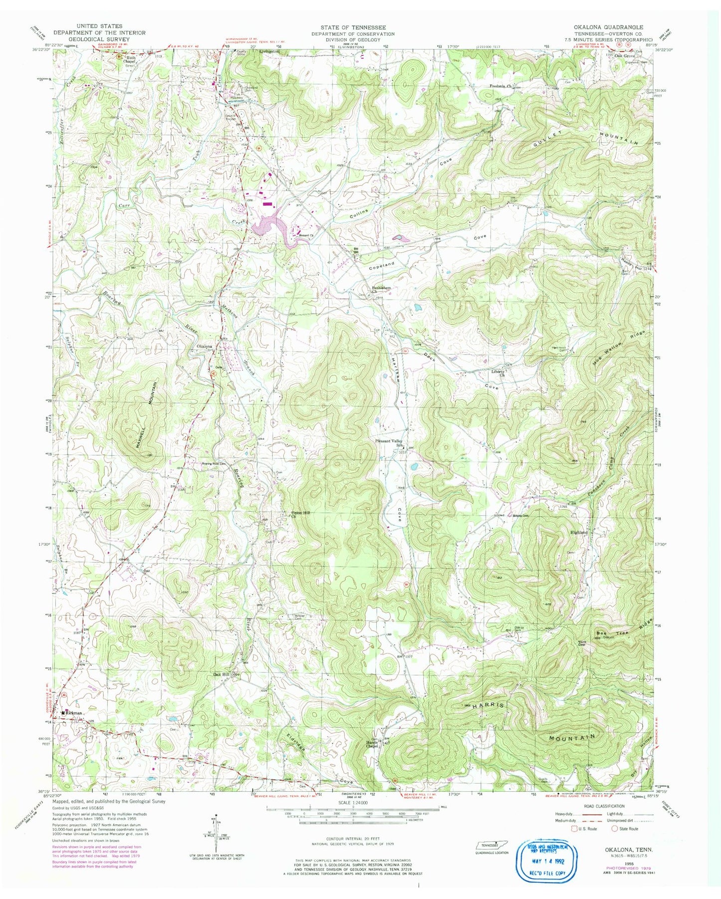 Classic USGS Okalona Tennessee 7.5'x7.5' Topo Map Image