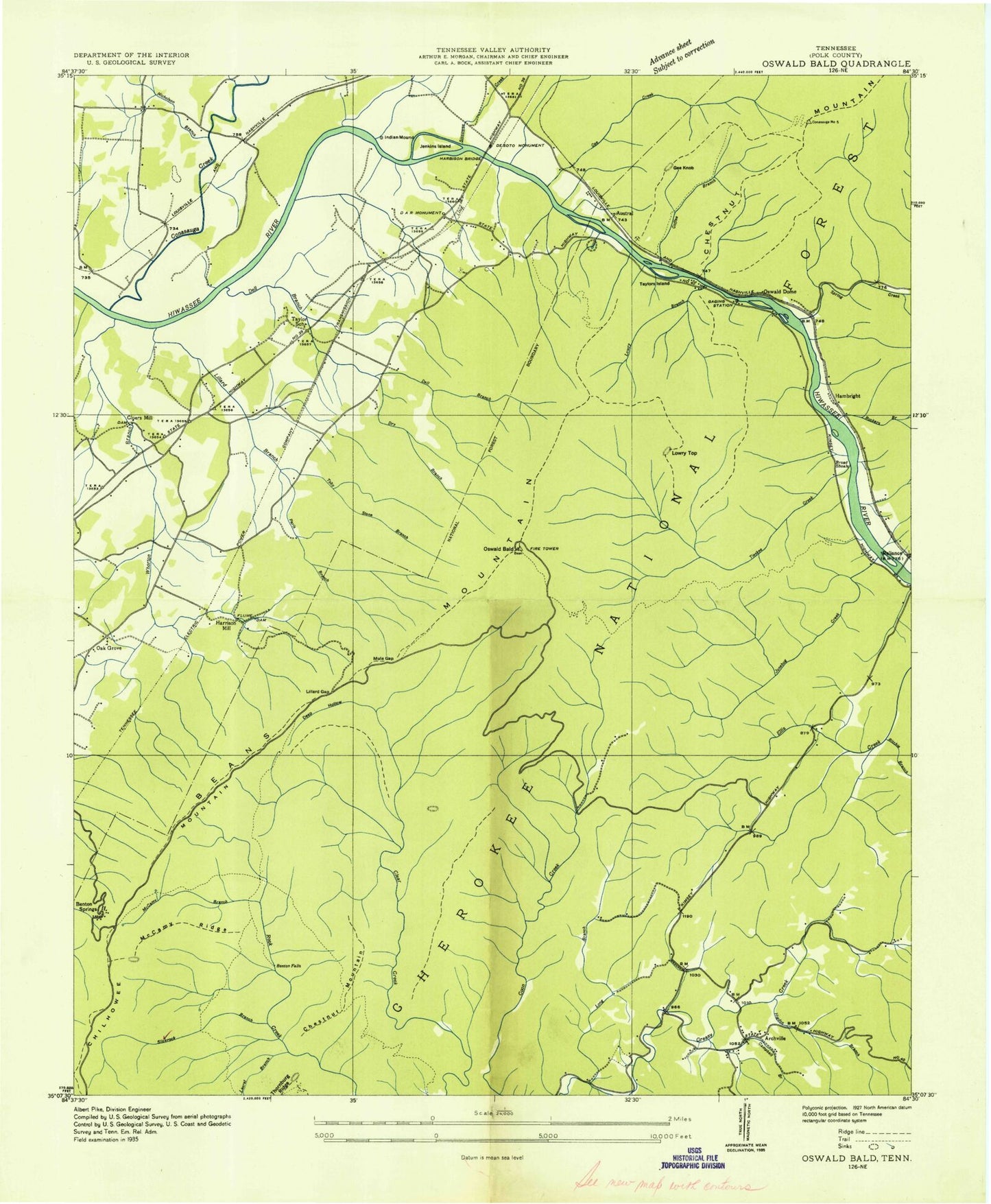 Classic USGS Oswald Dome Tennessee 7.5'x7.5' Topo Map Image