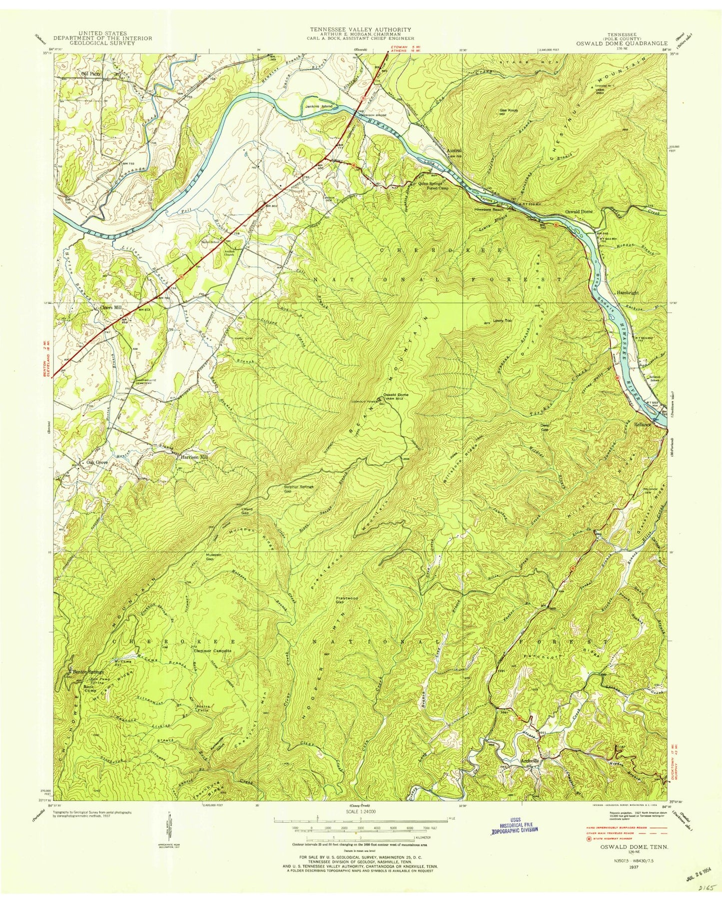Classic USGS Oswald Dome Tennessee 7.5'x7.5' Topo Map Image