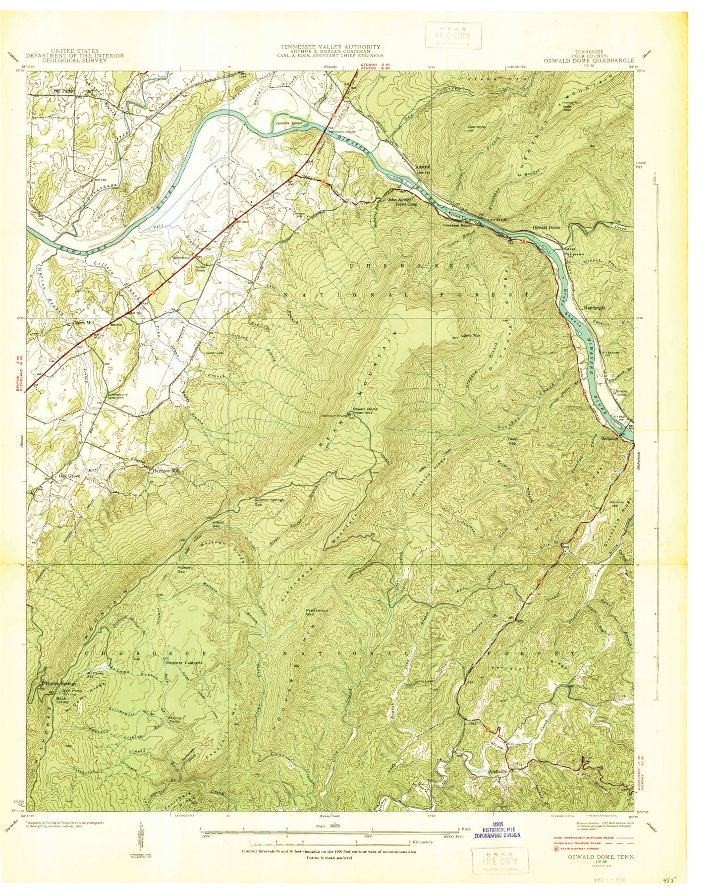 Classic USGS Oswald Dome Tennessee 7.5'x7.5' Topo Map Image