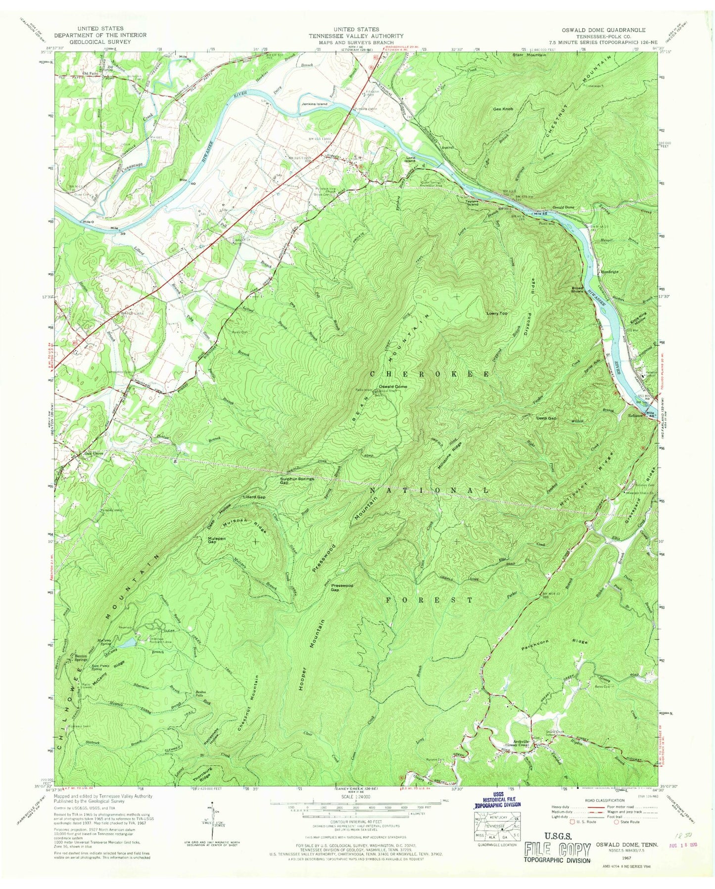 Classic USGS Oswald Dome Tennessee 7.5'x7.5' Topo Map Image
