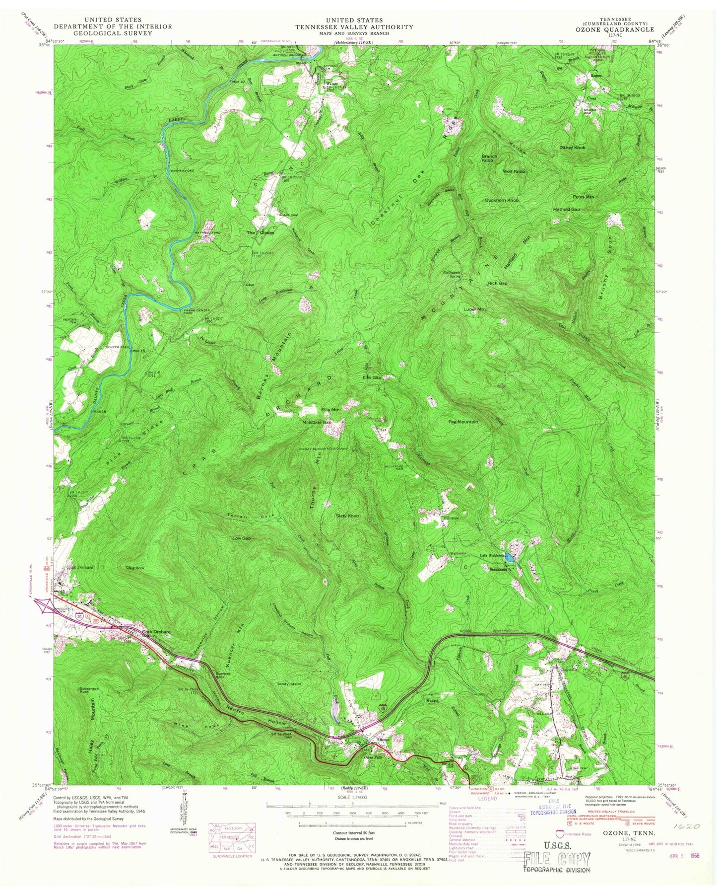 Classic USGS Ozone Tennessee 7.5'x7.5' Topo Map Image