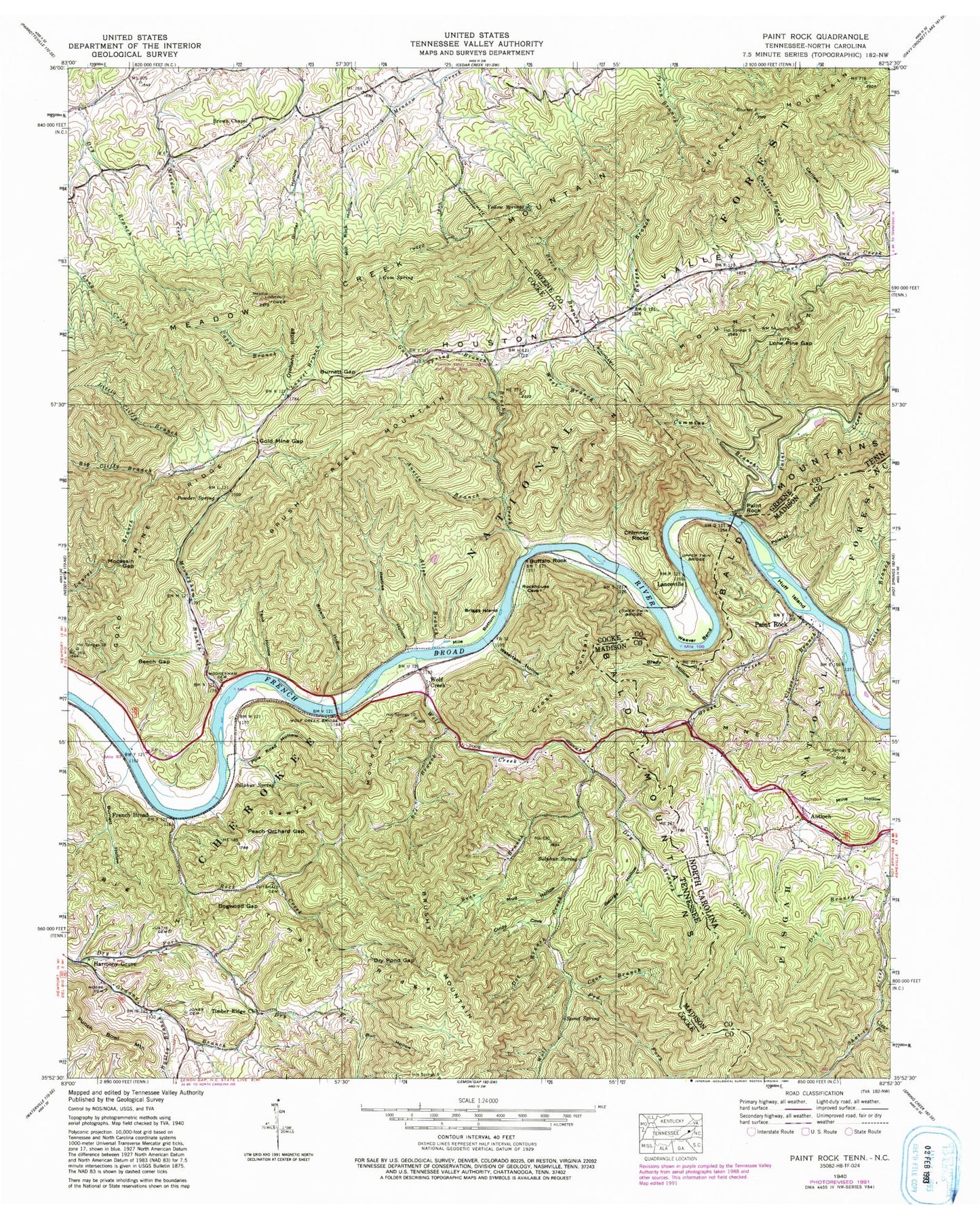 Classic USGS Paint Rock North Carolina 7.5'x7.5' Topo Map Image