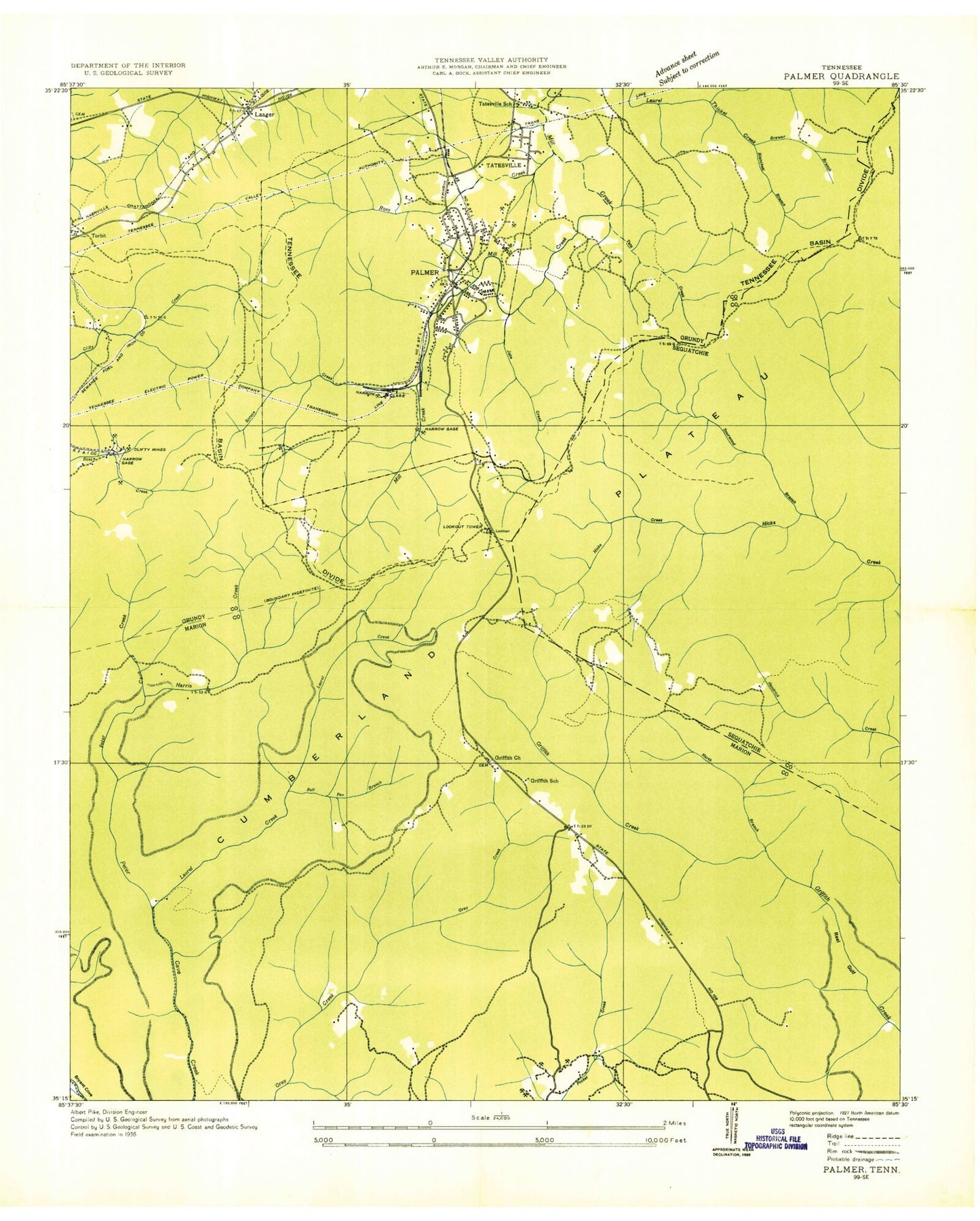 Classic USGS Palmer Tennessee 7.5'x7.5' Topo Map Image
