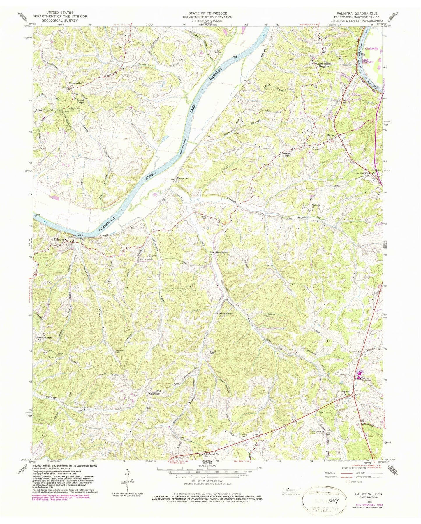 Classic USGS Palmyra Tennessee 7.5'x7.5' Topo Map Image