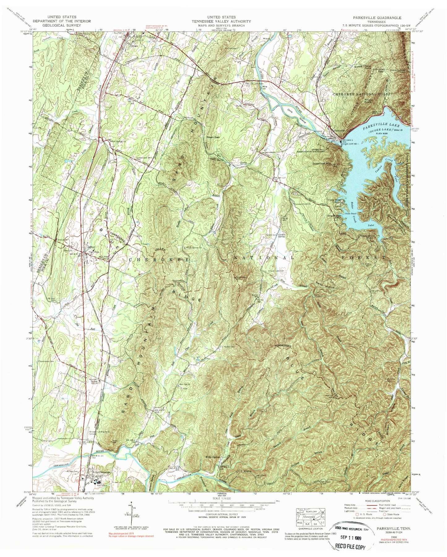 Classic USGS Parksville Tennessee 7.5'x7.5' Topo Map Image