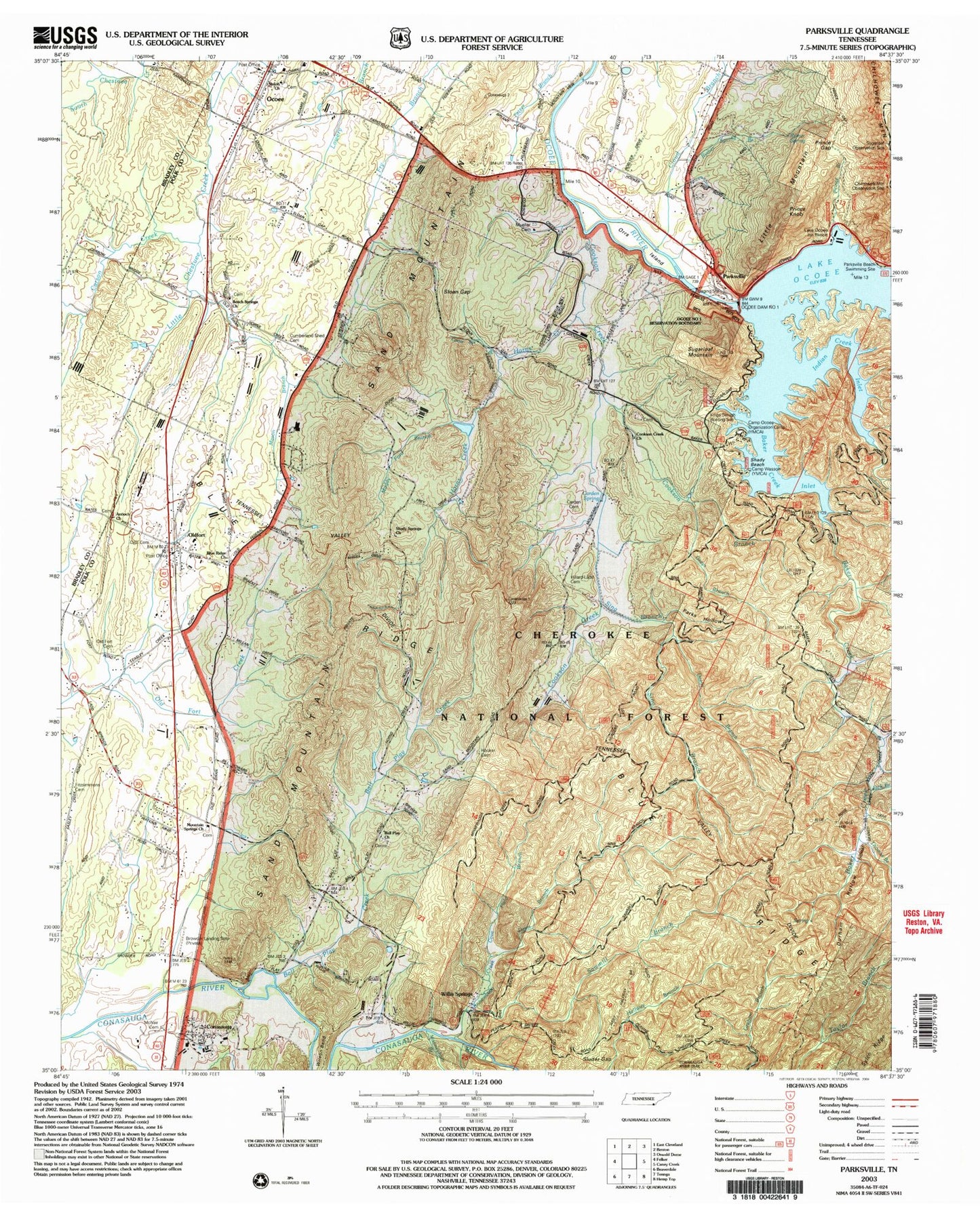 Classic USGS Parksville Tennessee 7.5'x7.5' Topo Map Image