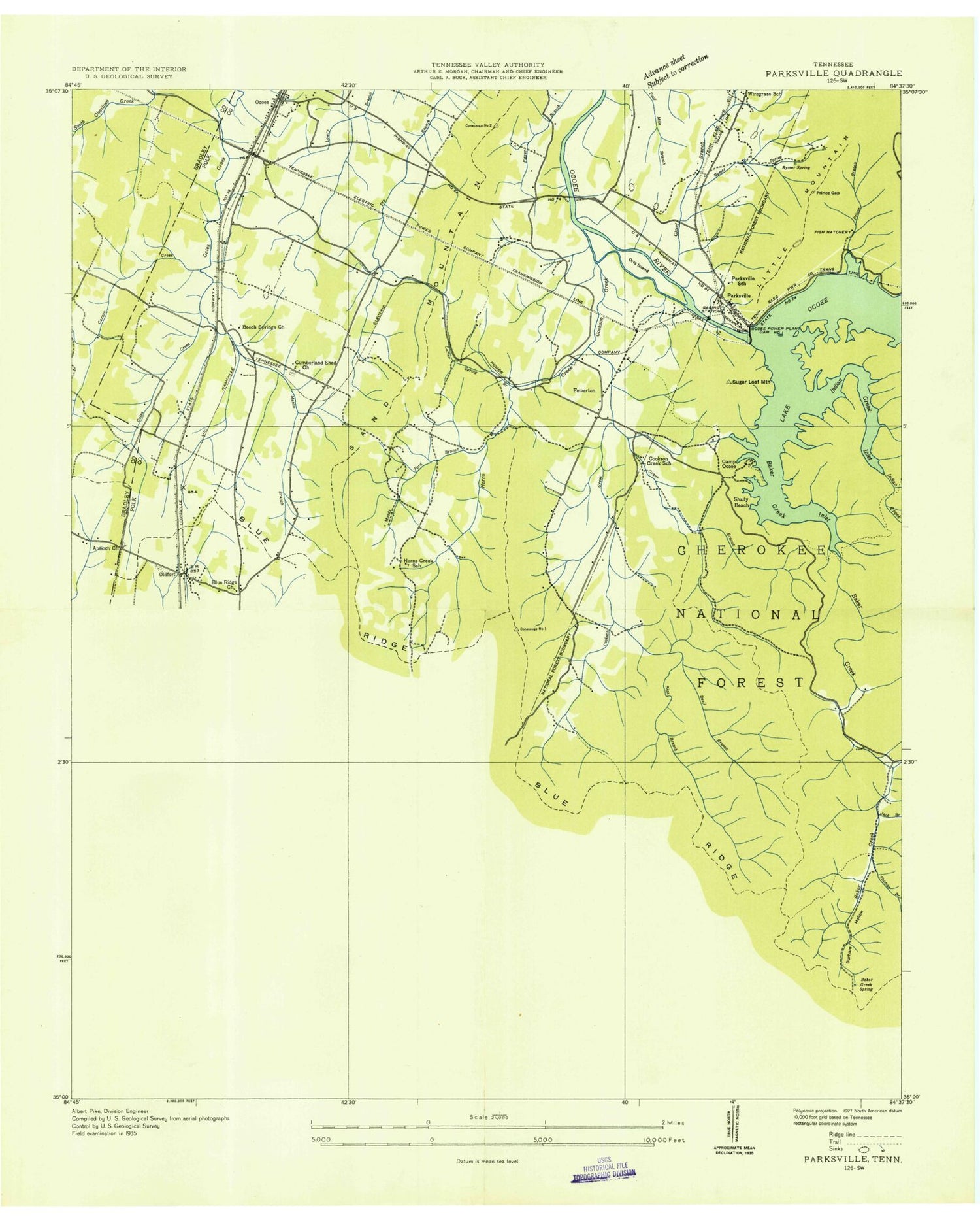 Classic USGS Parksville Tennessee 7.5'x7.5' Topo Map Image