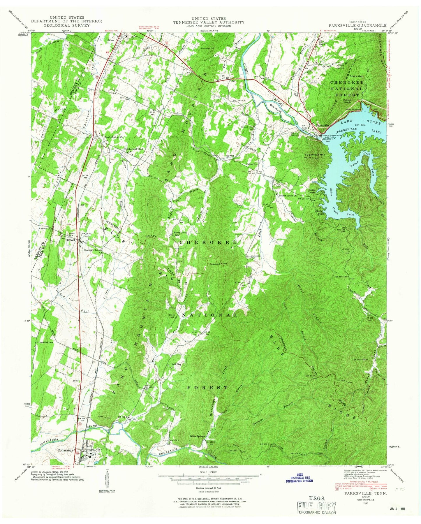 Classic USGS Parksville Tennessee 7.5'x7.5' Topo Map Image