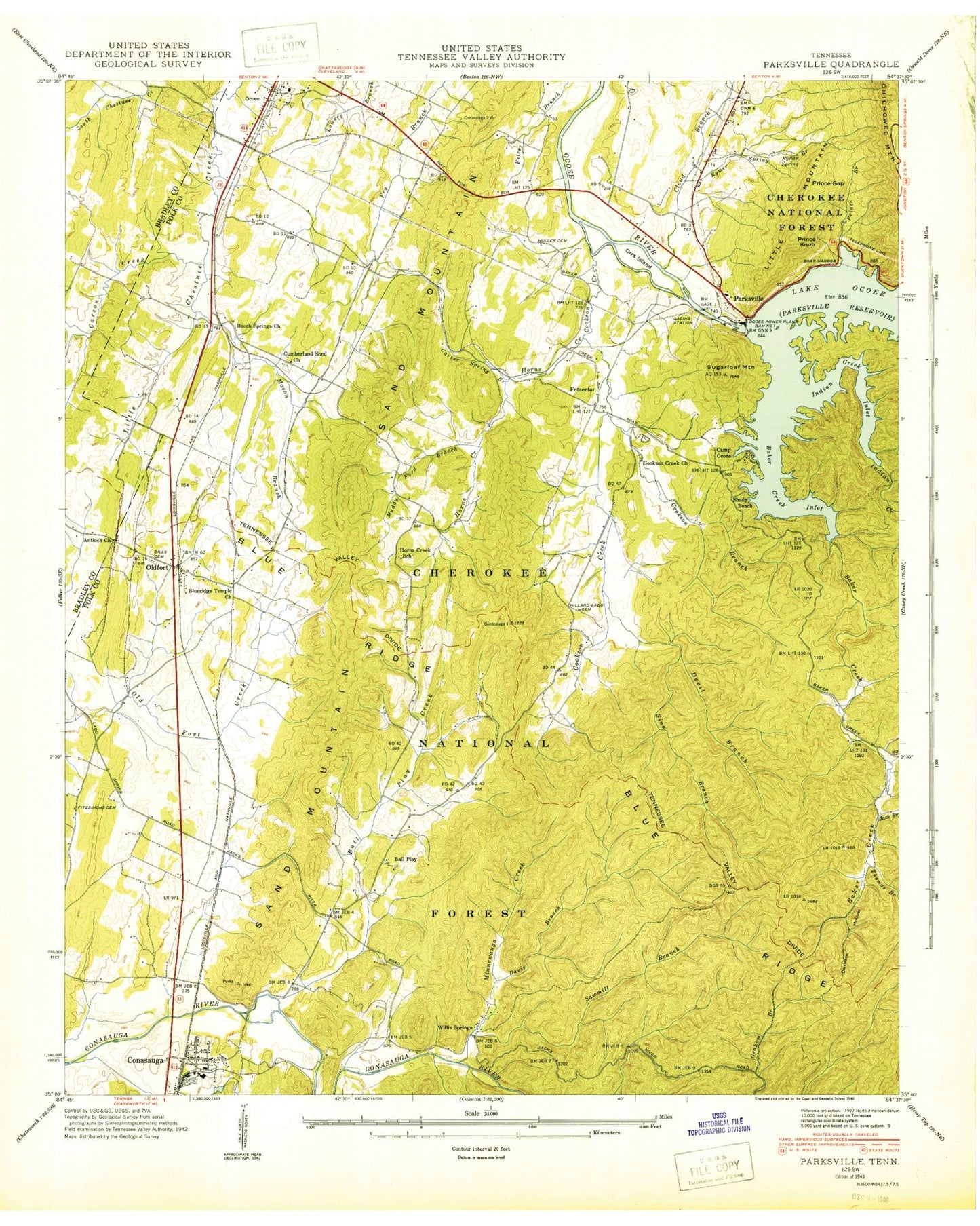 Classic USGS Parksville Tennessee 7.5'x7.5' Topo Map Image