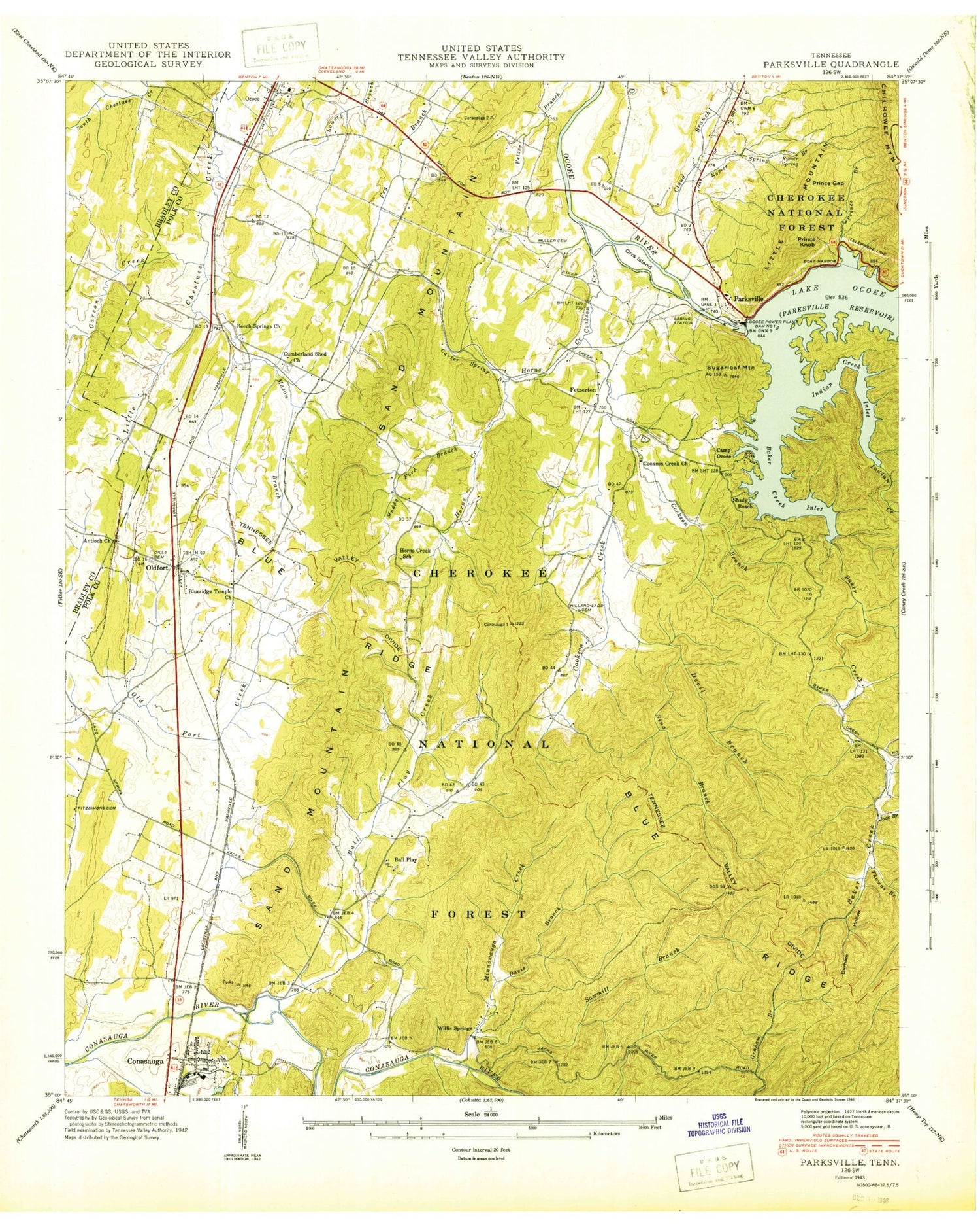 Classic USGS Parksville Tennessee 7.5'x7.5' Topo Map Image