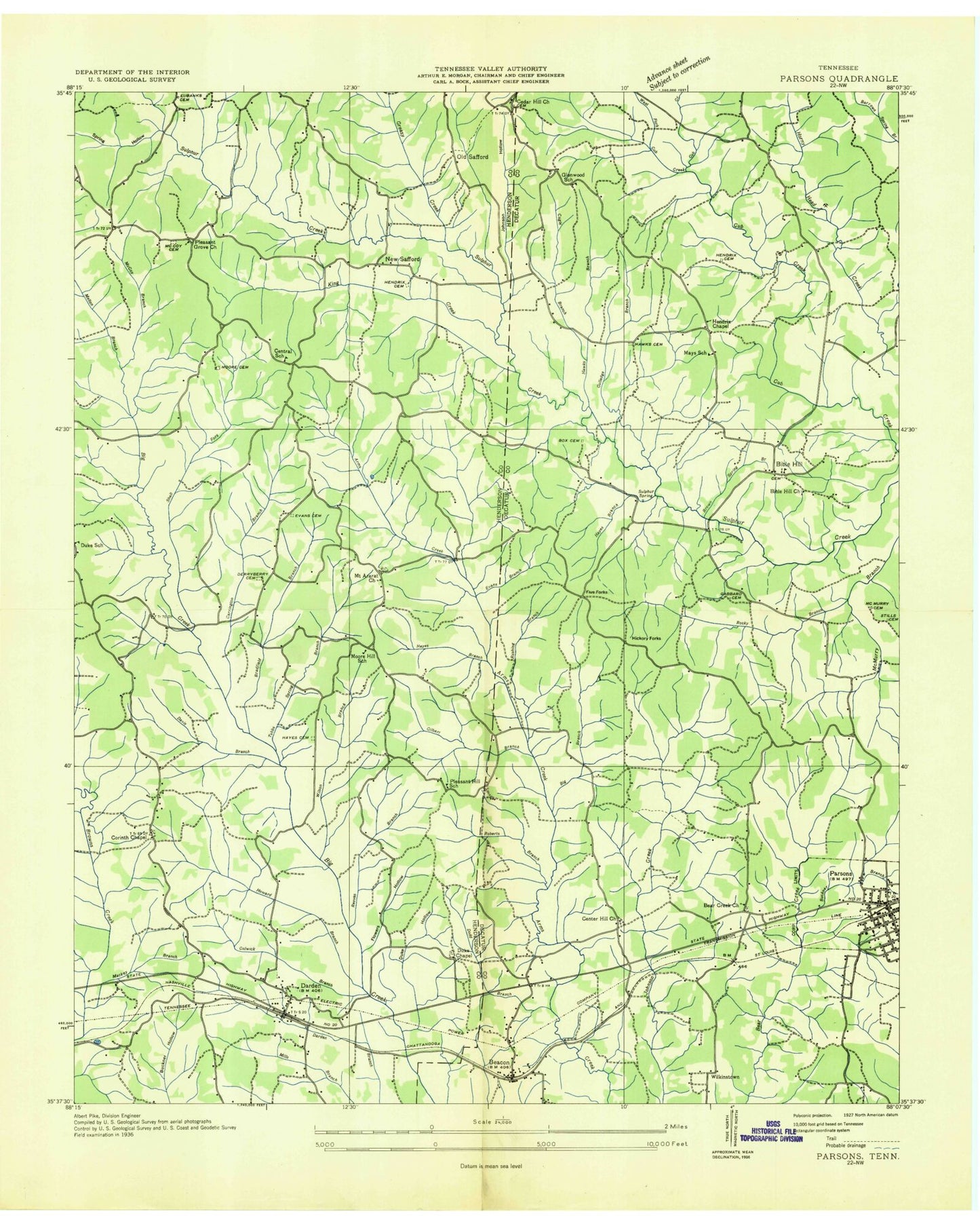 Classic USGS Parsons Tennessee 7.5'x7.5' Topo Map Image