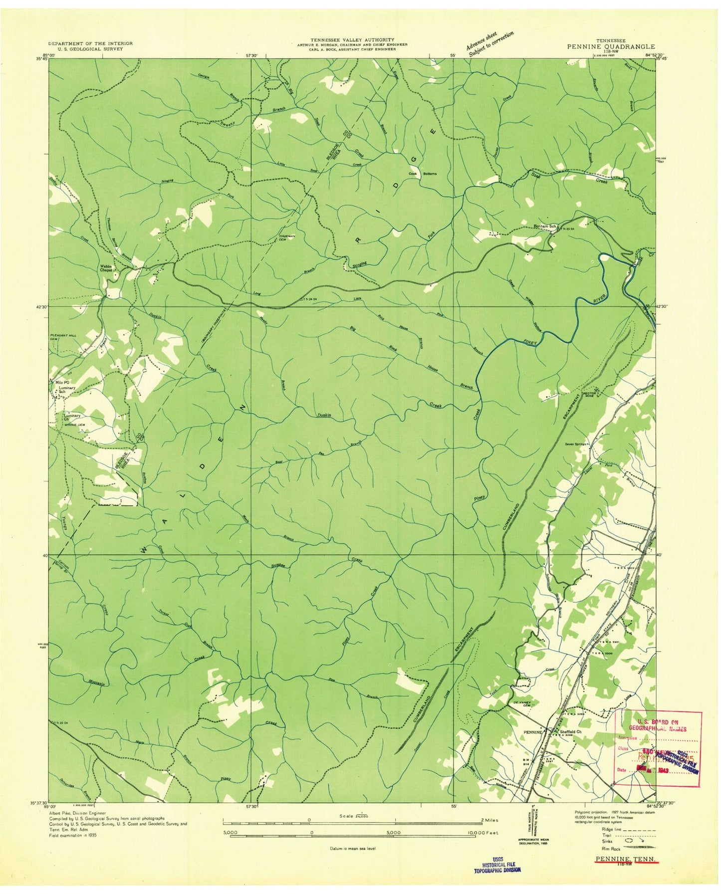 Classic USGS Pennine Tennessee 7.5'x7.5' Topo Map Image