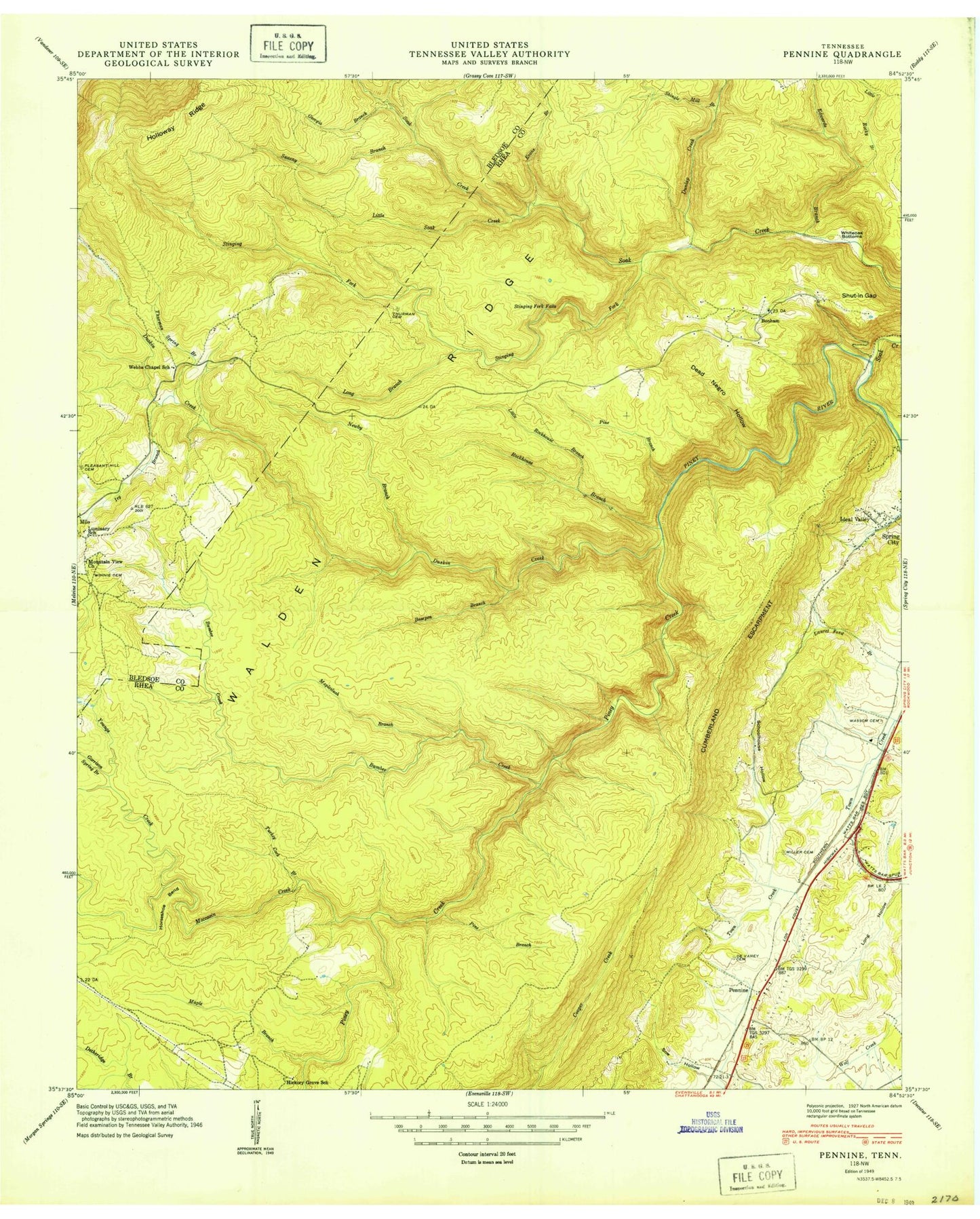 Classic USGS Pennine Tennessee 7.5'x7.5' Topo Map Image