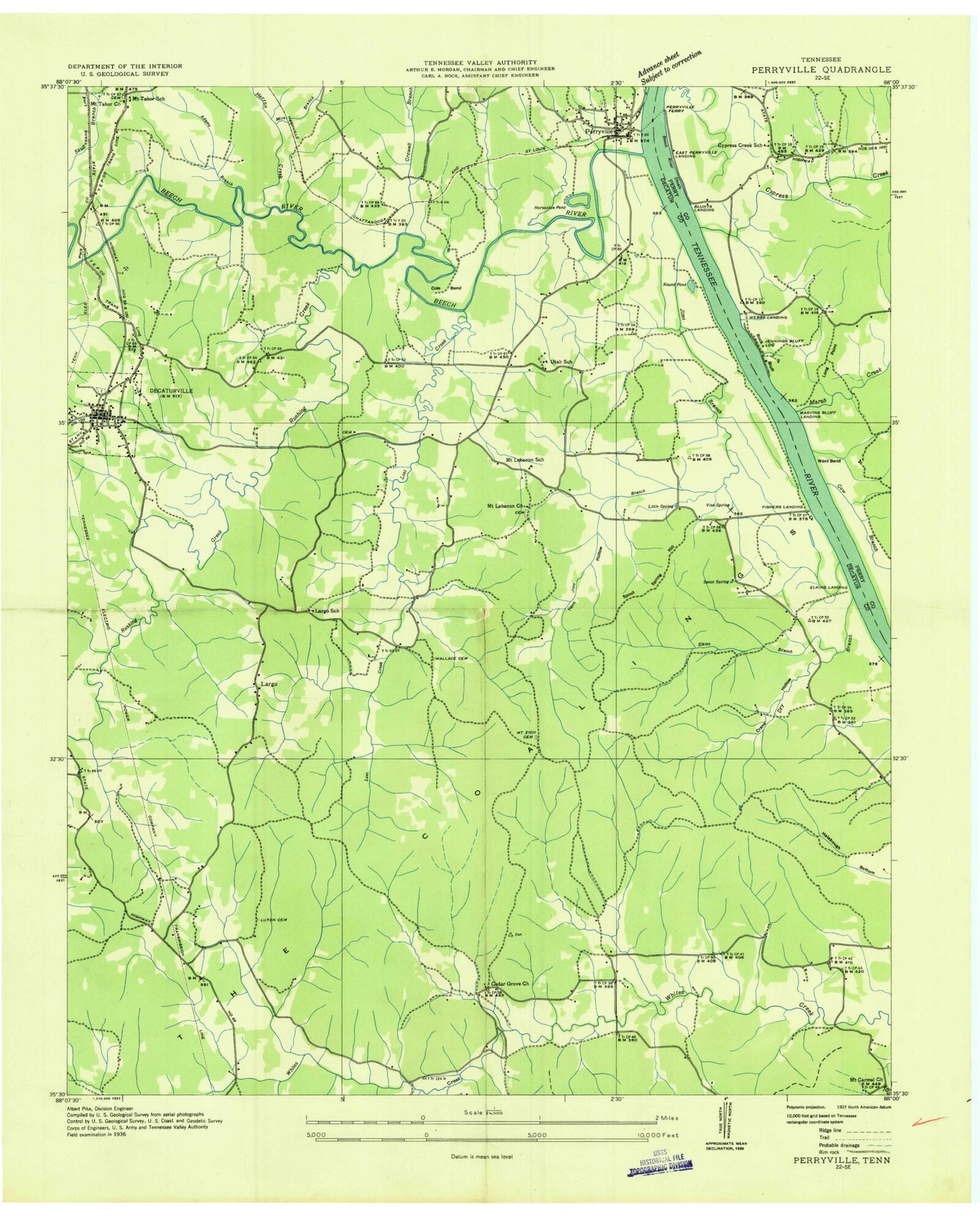 Classic USGS Perryville Tennessee 7.5'x7.5' Topo Map Image