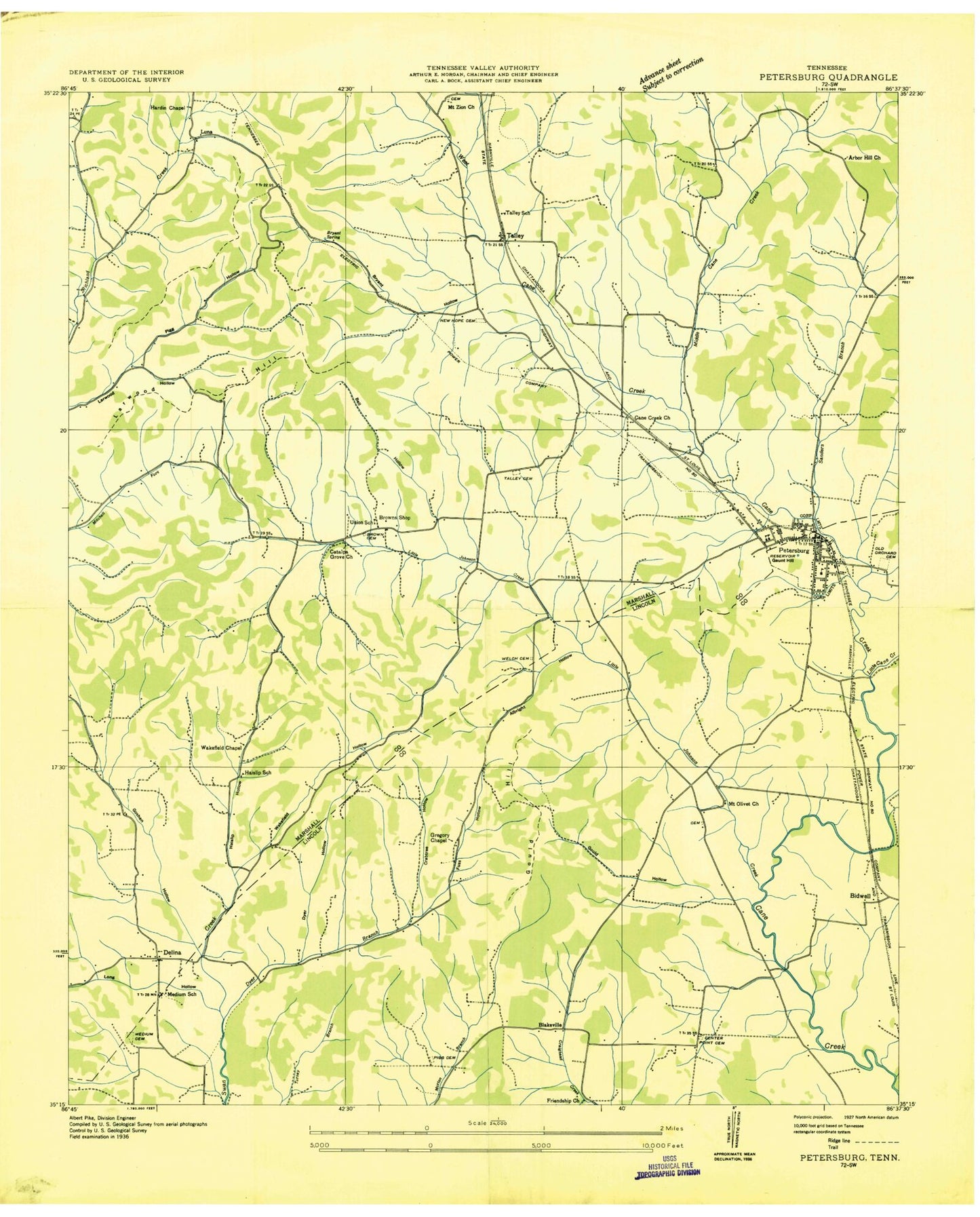 Classic USGS Petersburg Tennessee 7.5'x7.5' Topo Map Image