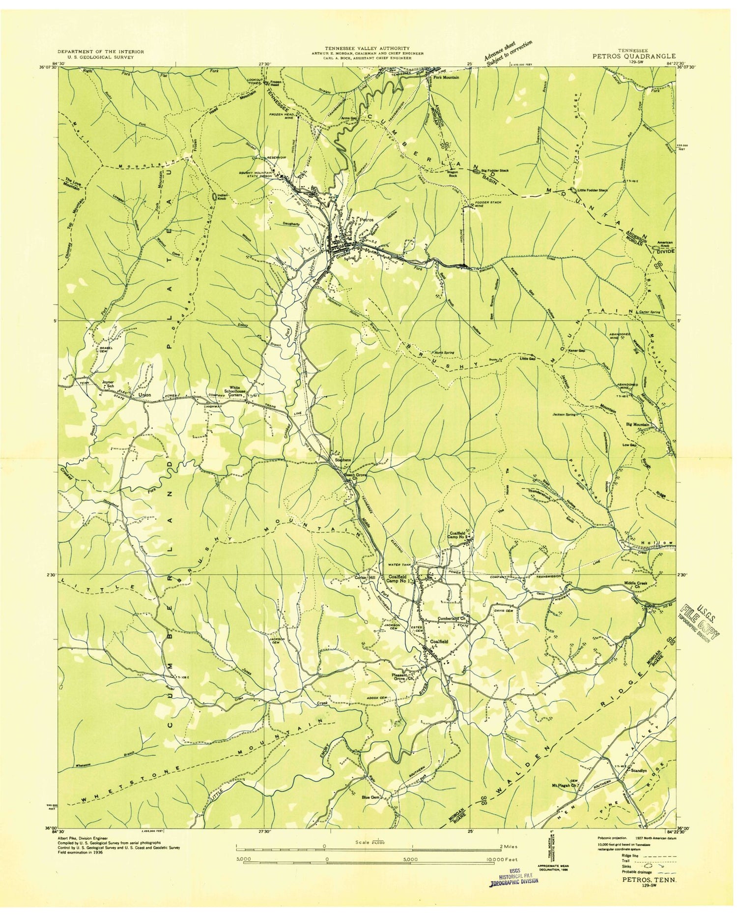 USGS Classic Petros Tennessee 7.5'x7.5' Topo Map Image