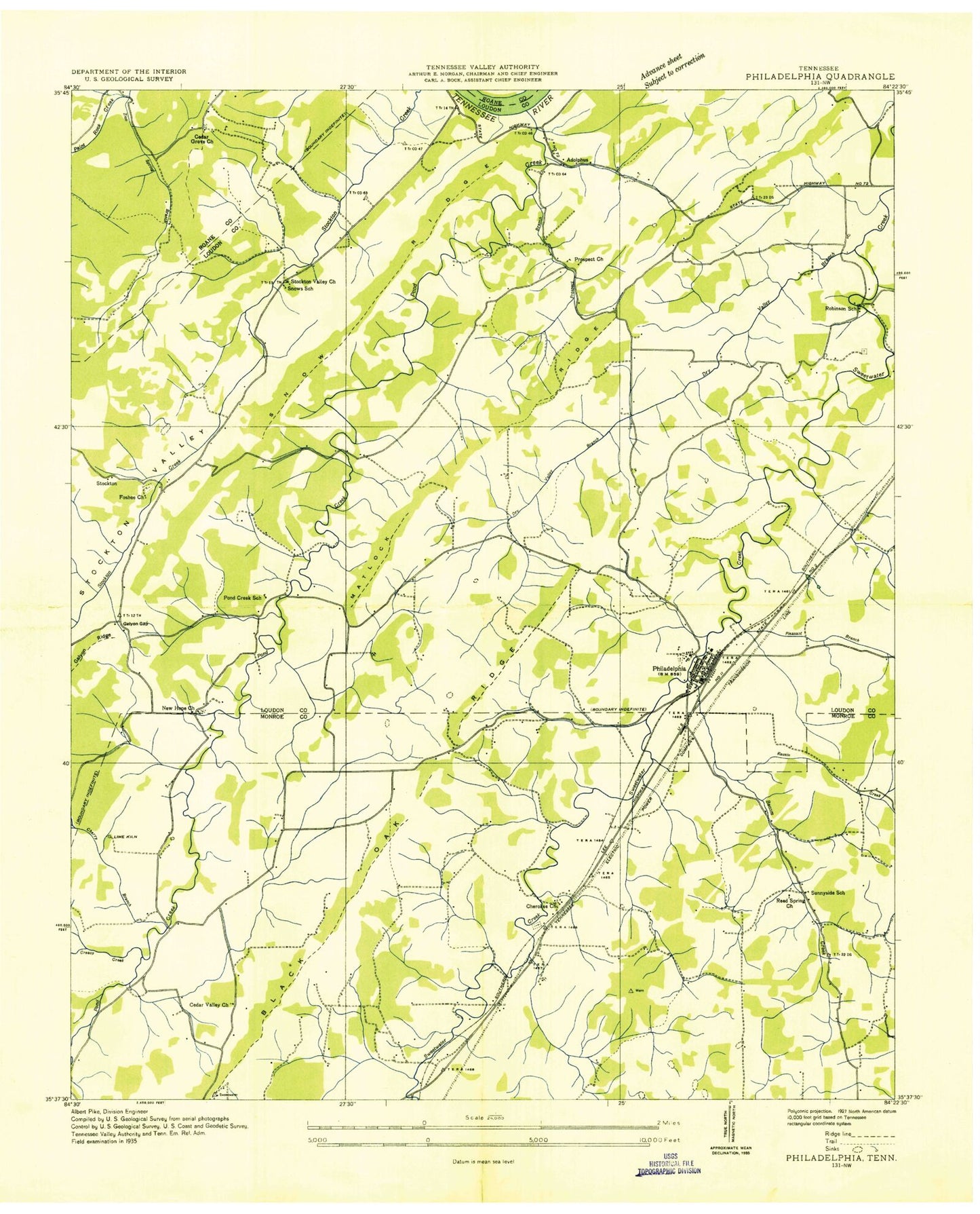 Classic USGS Philadelphia Tennessee 7.5'x7.5' Topo Map Image