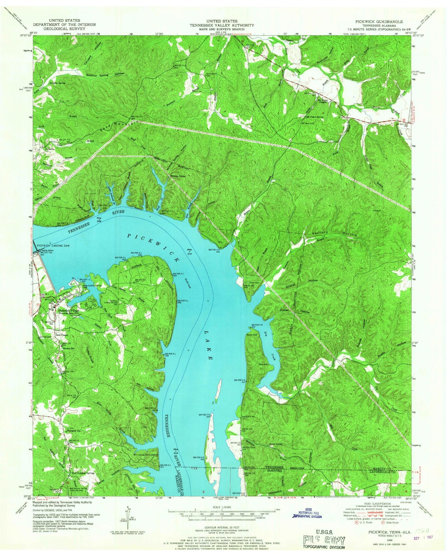Classic USGS Pickwick Tennessee 7.5'x7.5' Topo Map Image