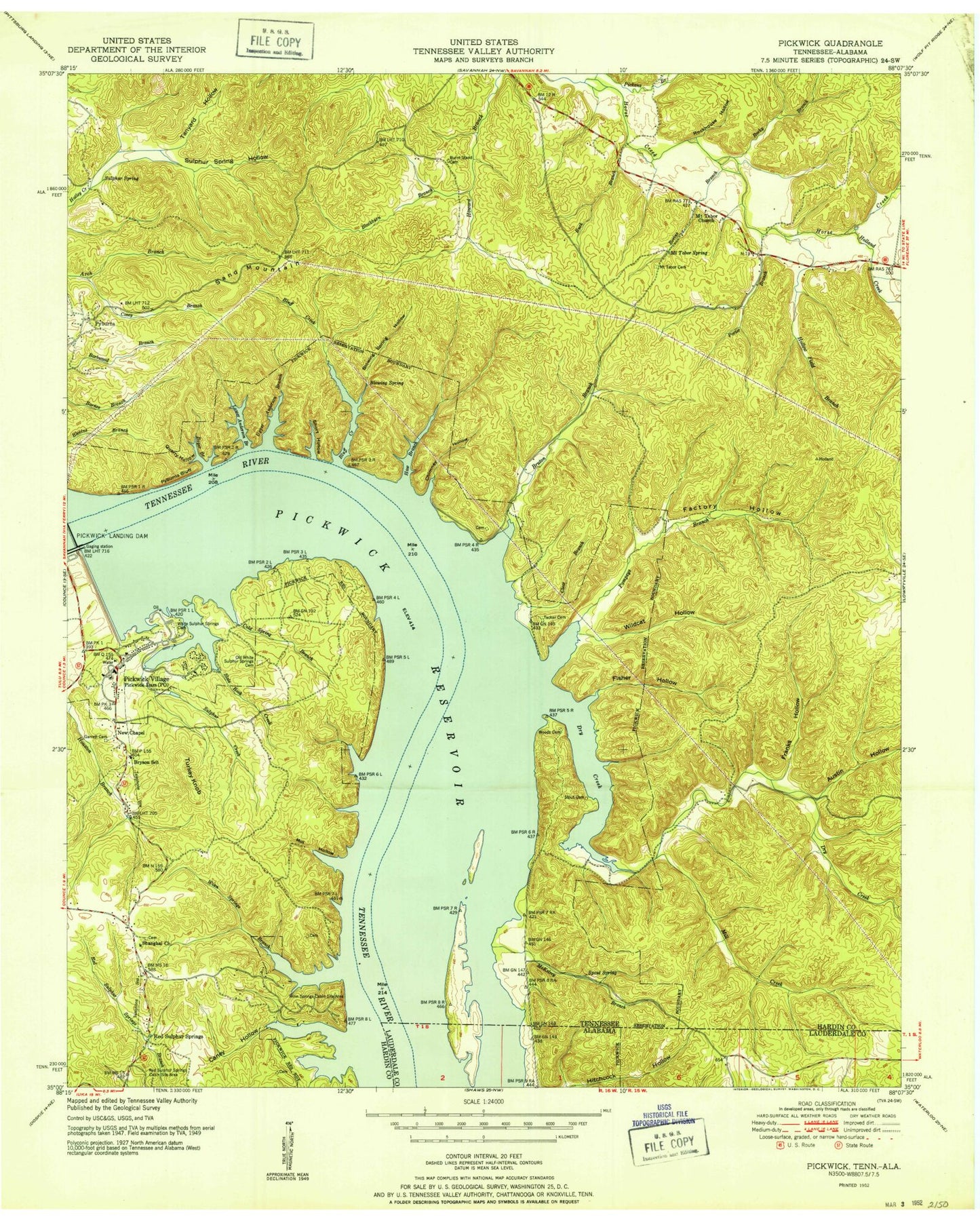Classic USGS Pickwick Tennessee 7.5'x7.5' Topo Map Image
