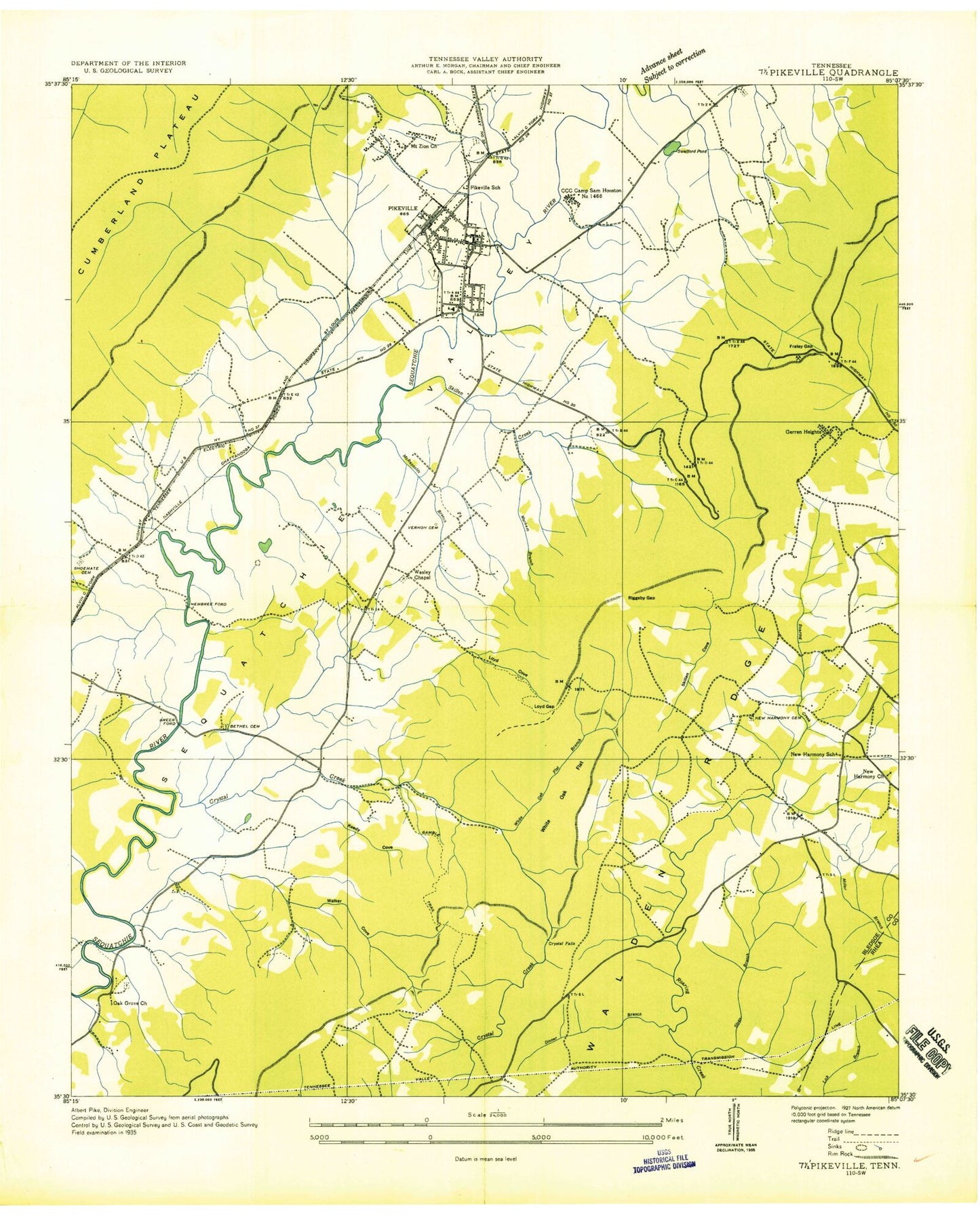 Classic USGS Pikeville Tennessee 7.5'x7.5' Topo Map Image