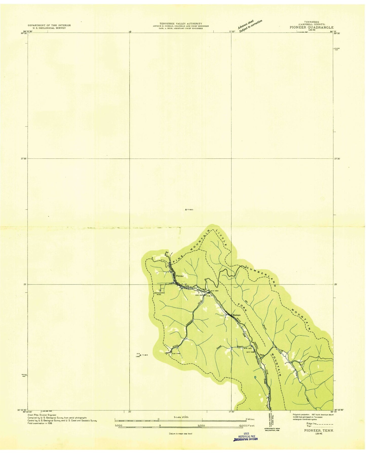 Classic USGS Pioneer Tennessee 7.5'x7.5' Topo Map Image