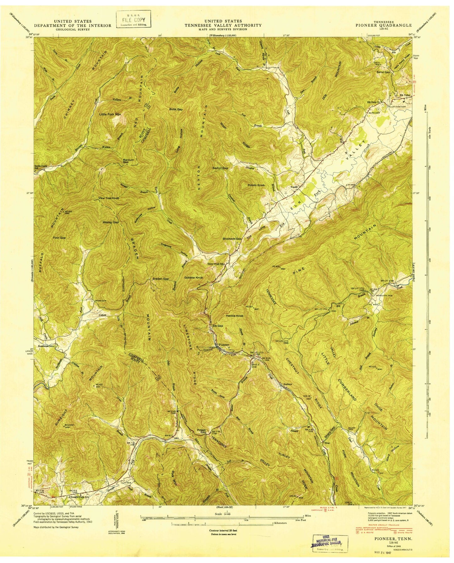 Classic USGS Pioneer Tennessee 7.5'x7.5' Topo Map Image