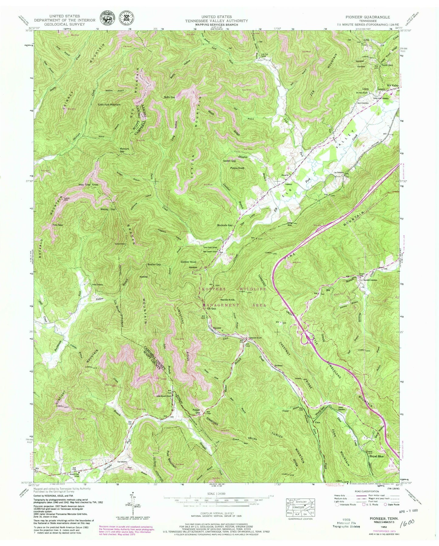 Classic USGS Pioneer Tennessee 7.5'x7.5' Topo Map Image