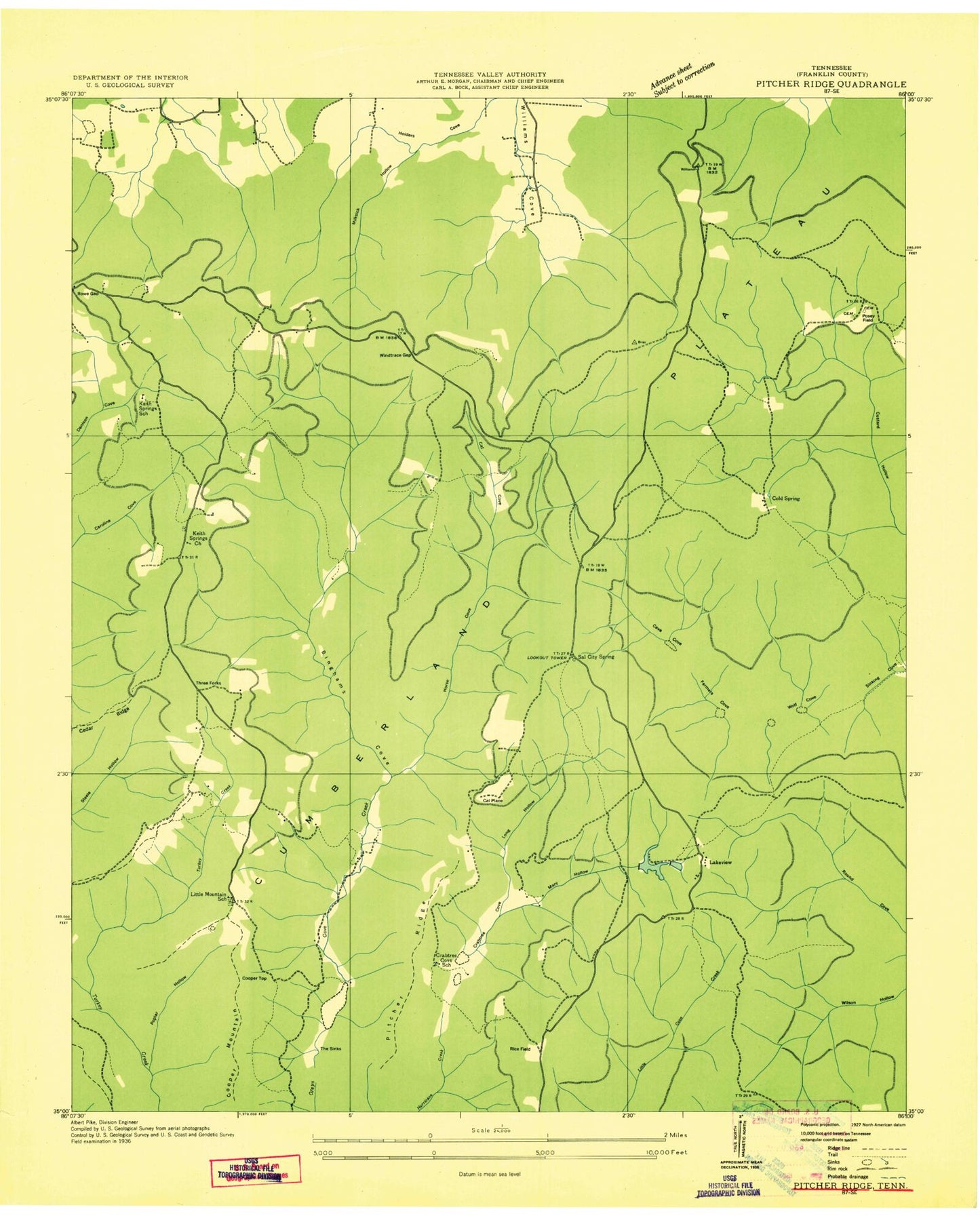 Classic USGS Pitcher Ridge Tennessee 7.5'x7.5' Topo Map Image