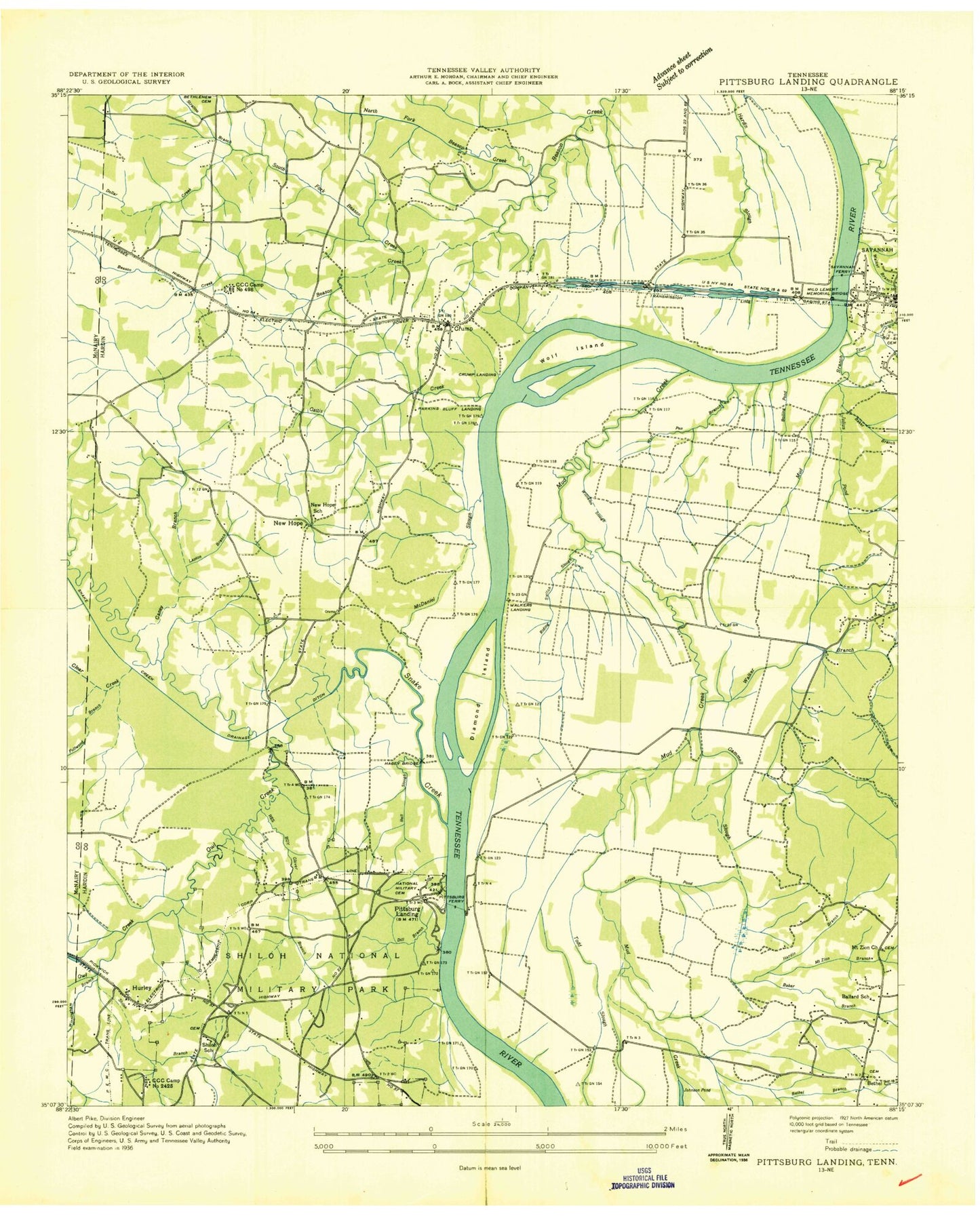 Classic USGS Pittsburg Landing Tennessee 7.5'x7.5' Topo Map Image