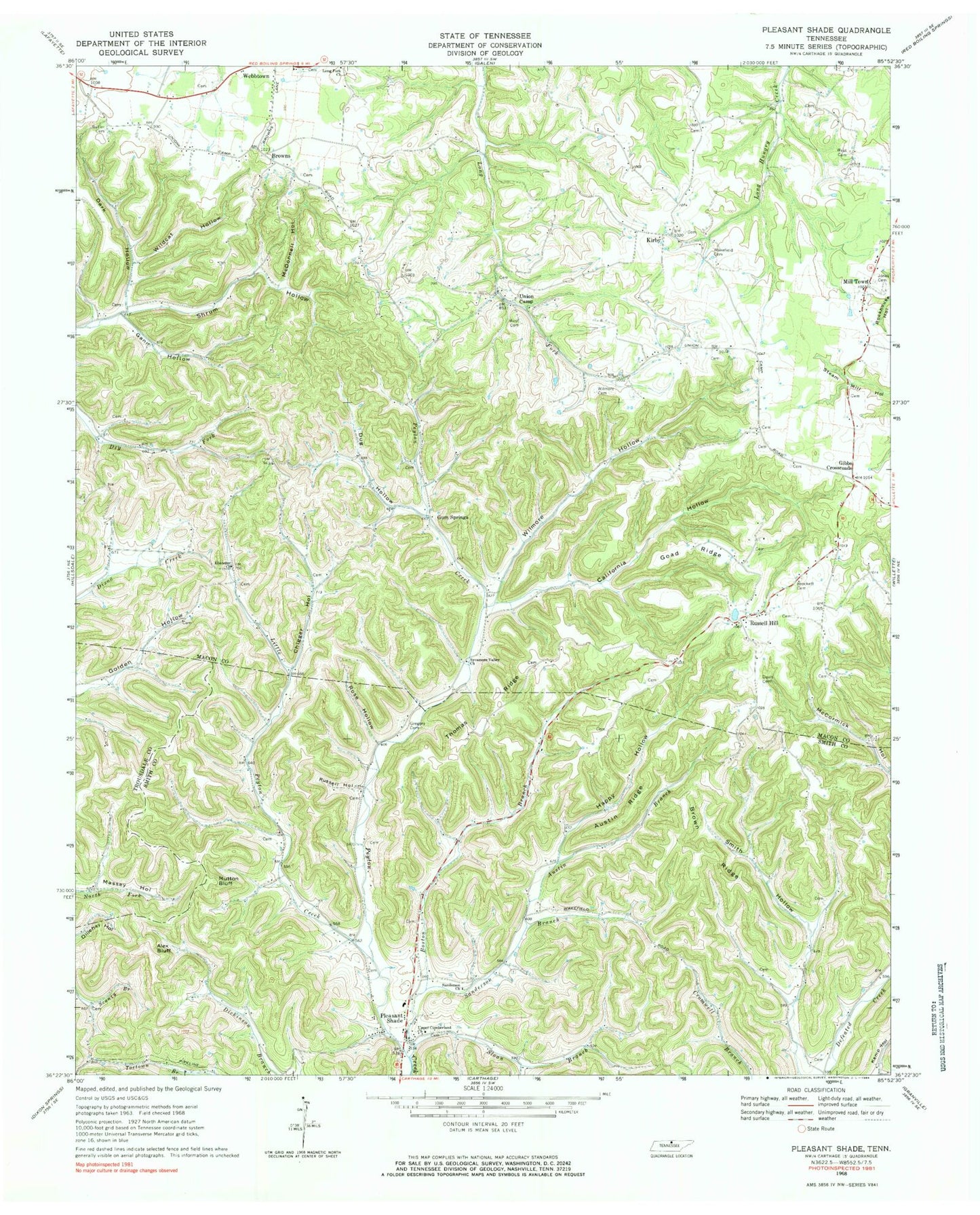 Classic USGS Pleasant Shade Tennessee 7.5'x7.5' Topo Map Image