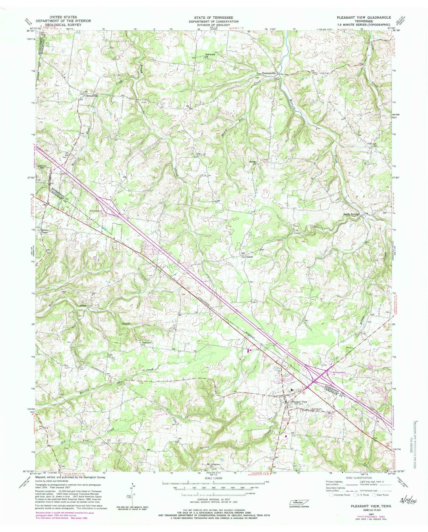 Classic USGS Pleasant View Tennessee 7.5'x7.5' Topo Map Image