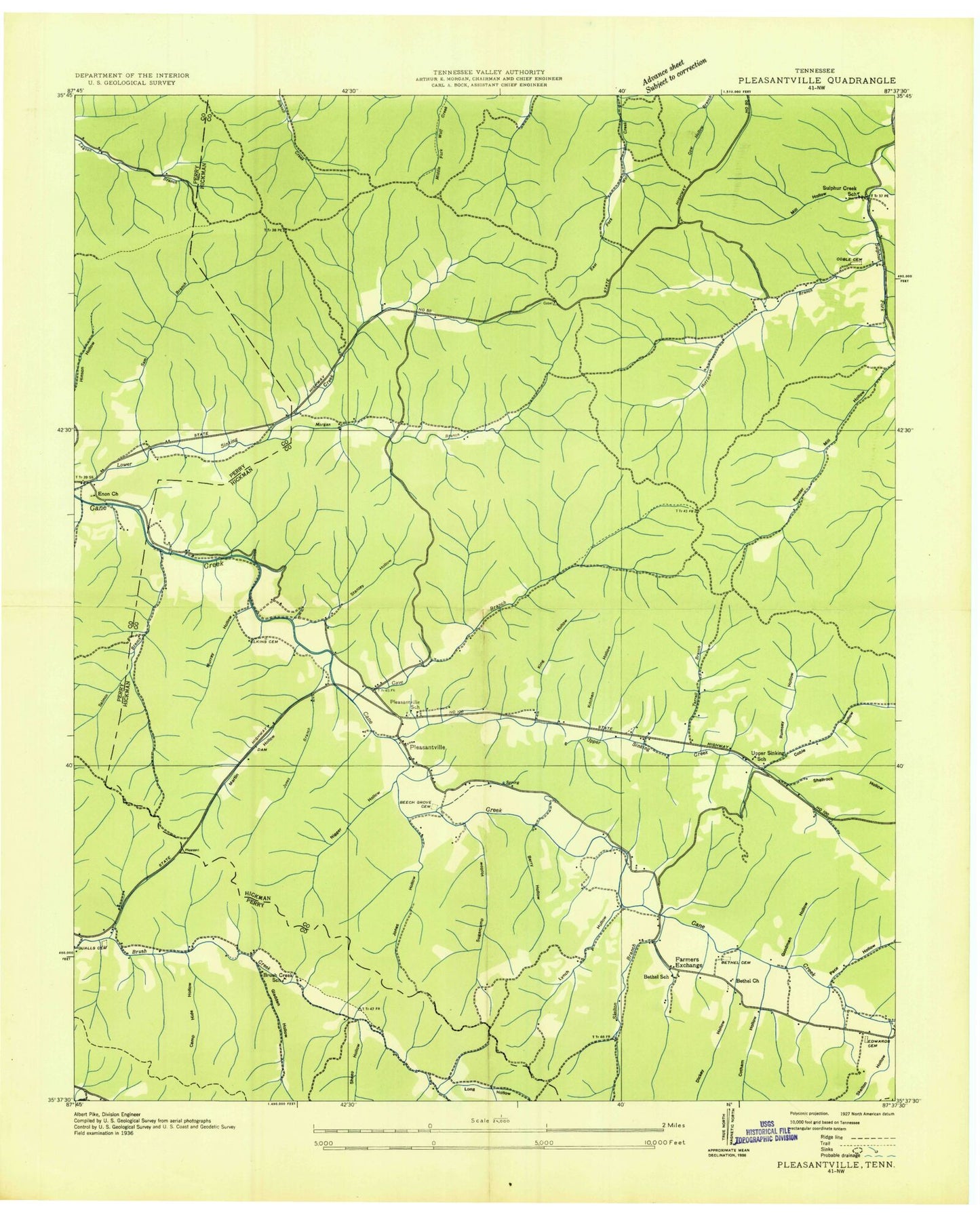 Classic USGS Pleasantville Tennessee 7.5'x7.5' Topo Map Image
