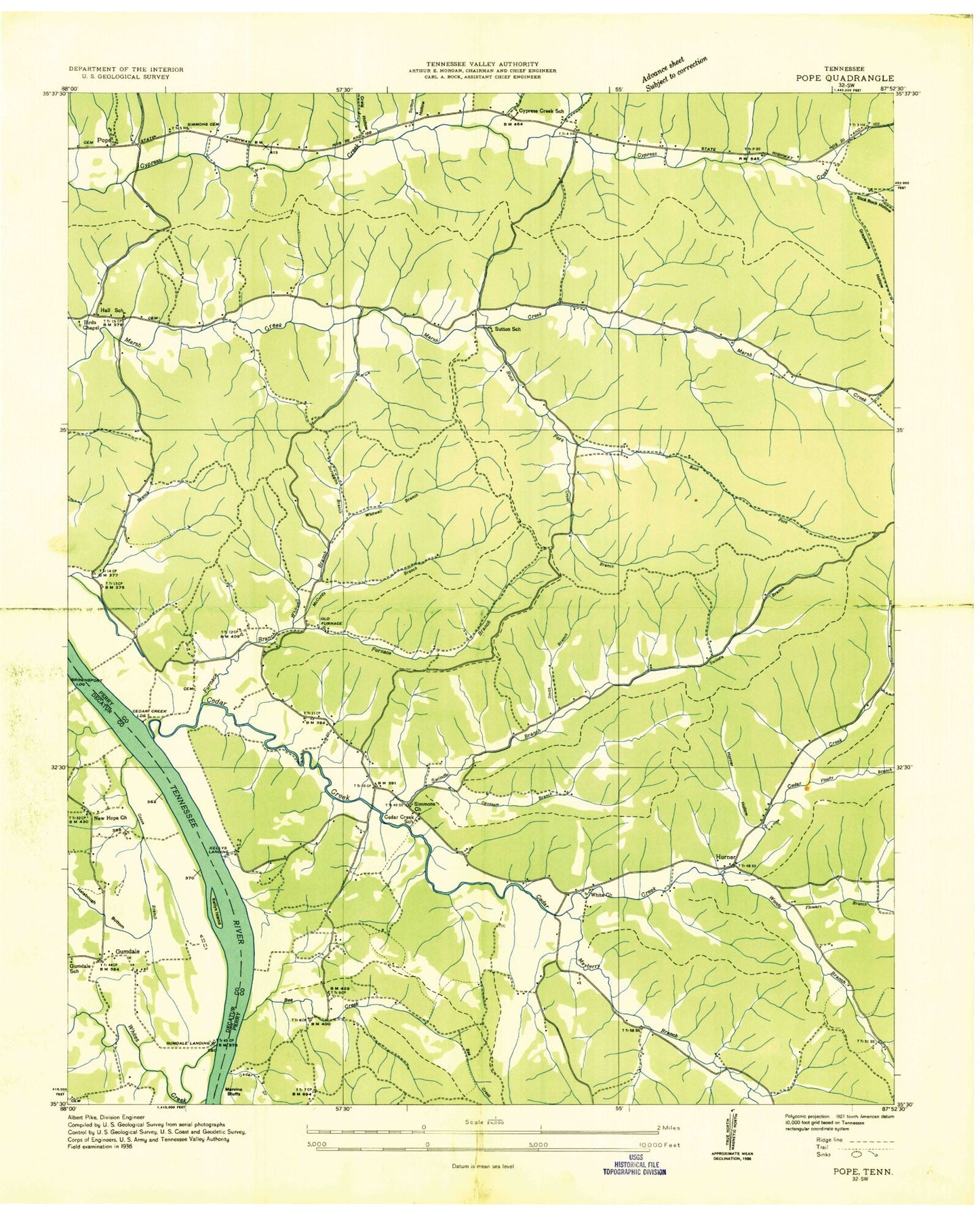 Classic USGS Pope Tennessee 7.5'x7.5' Topo Map Image