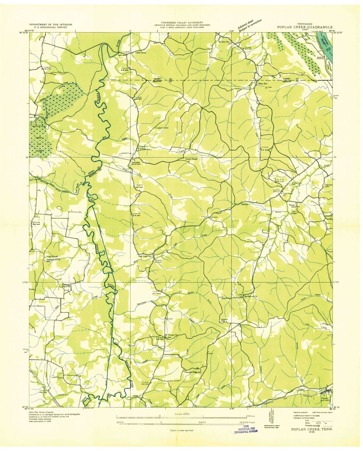 Classic USGS Poplar Creek Tennessee 7.5'x7.5' Topo Map Image