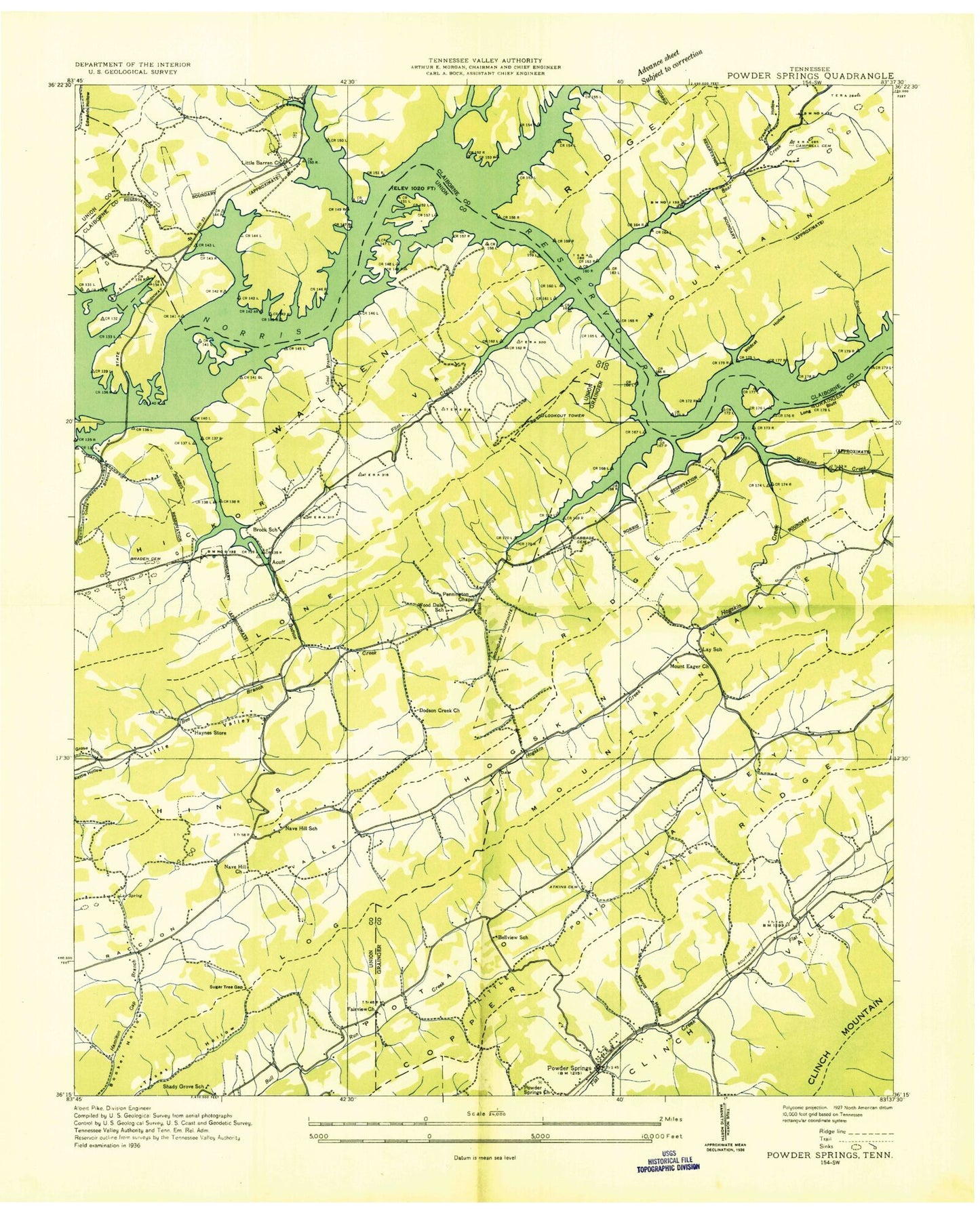 Classic USGS Powder Springs Tennessee 7.5'x7.5' Topo Map Image