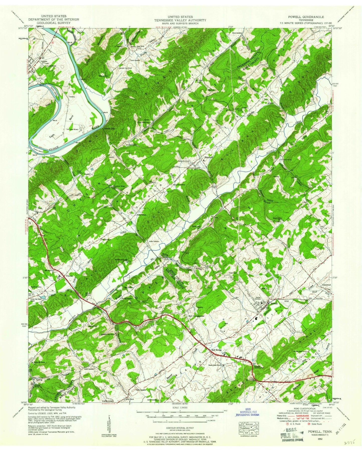 Classic USGS Powell Tennessee 7.5'x7.5' Topo Map Image