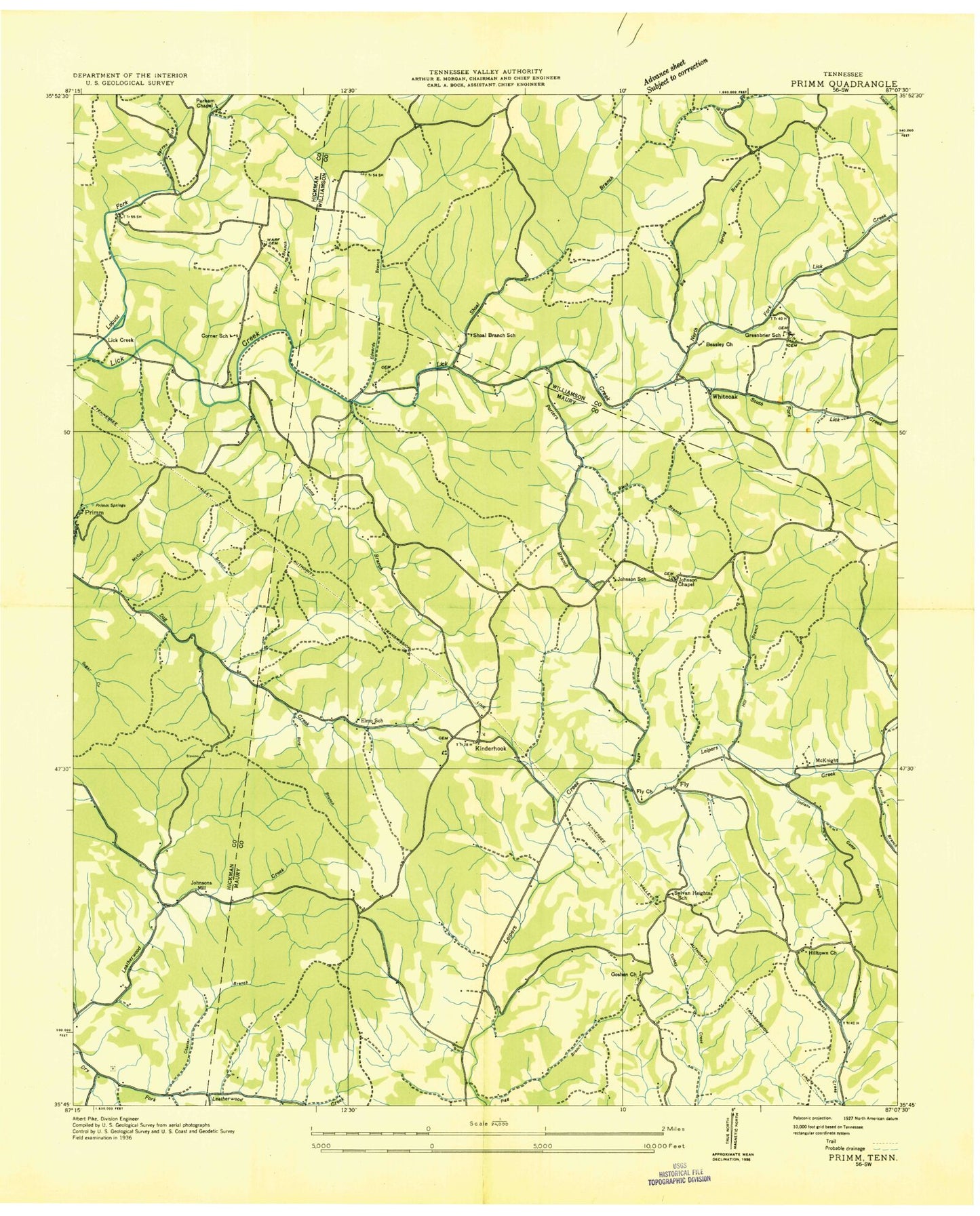 Classic USGS Primm Springs Tennessee 7.5'x7.5' Topo Map Image