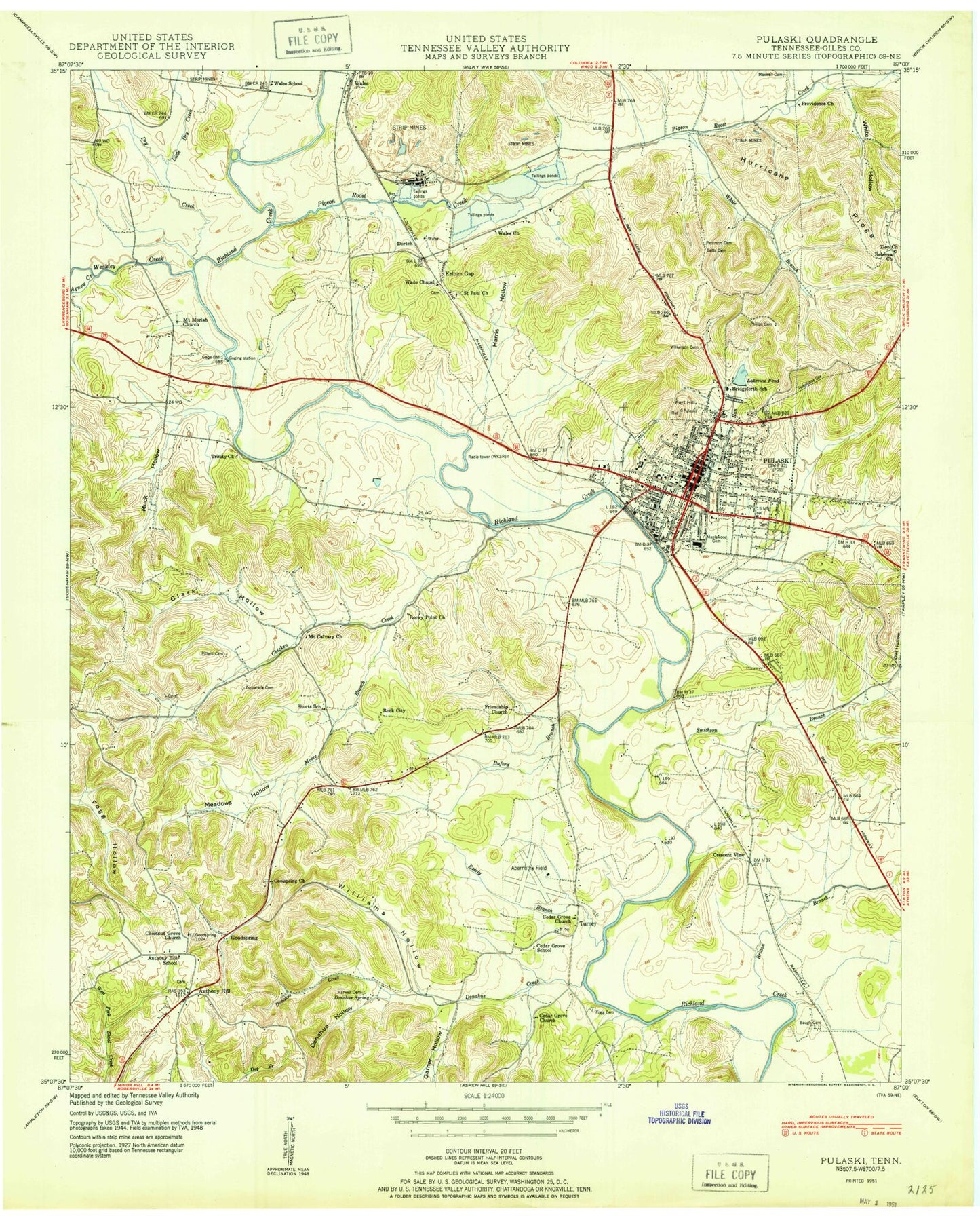 Classic USGS Pulaski Tennessee 7.5'x7.5' Topo Map Image