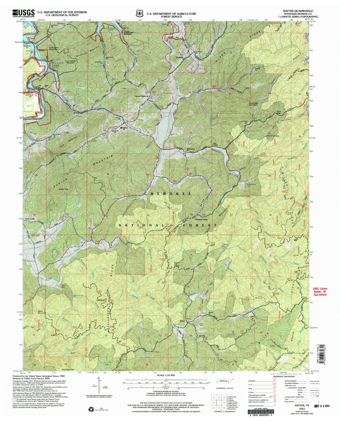 Classic USGS Rafter Tennessee 7.5'x7.5' Topo Map Image