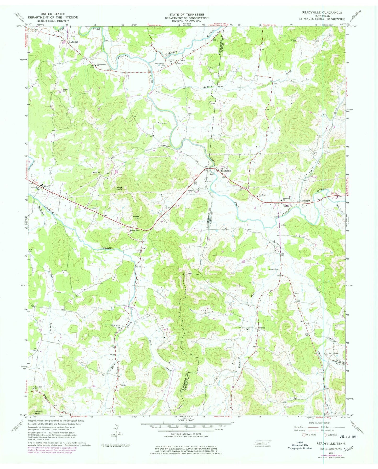 Classic USGS Readyville Tennessee 7.5'x7.5' Topo Map Image