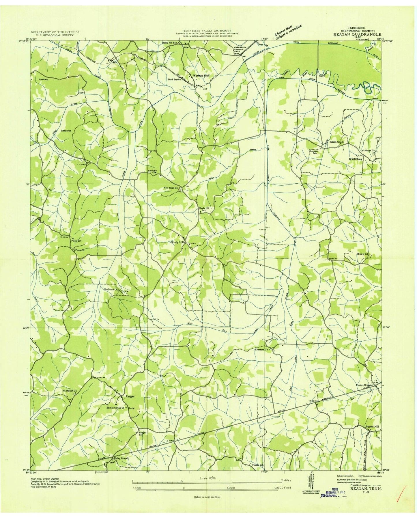 Classic USGS Reagan Tennessee 7.5'x7.5' Topo Map Image