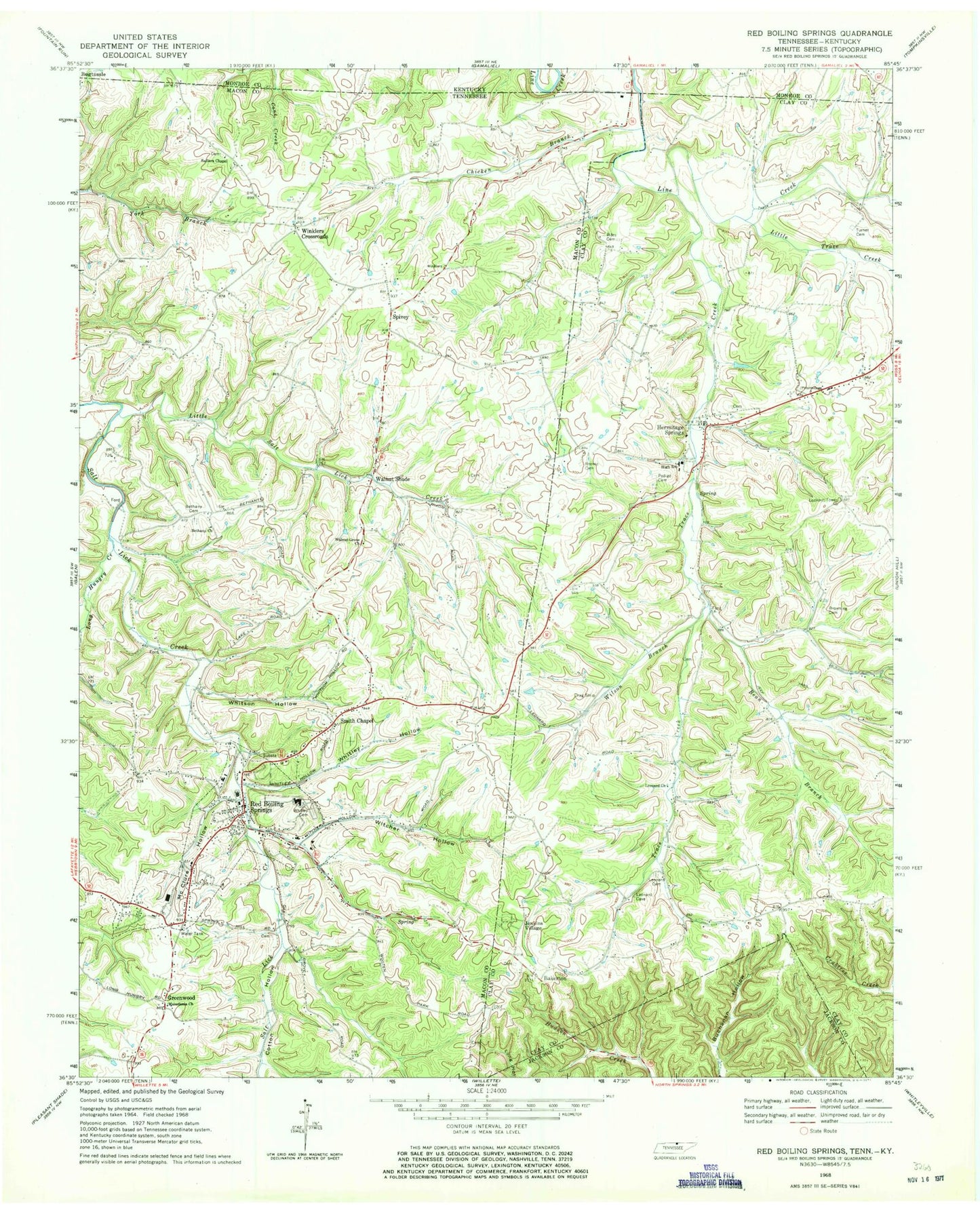 Classic USGS Red Boiling Springs Tennessee 7.5'x7.5' Topo Map Image