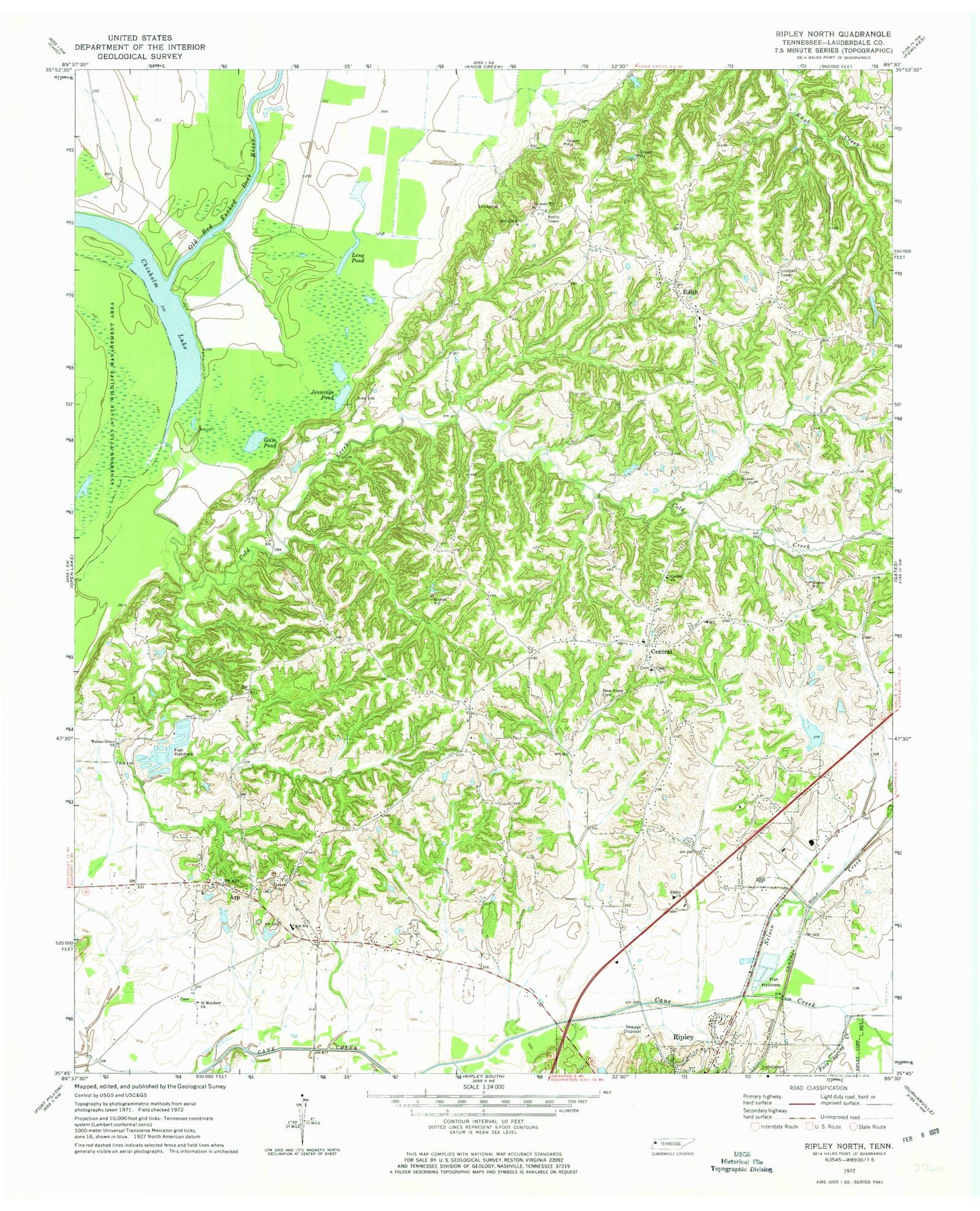 Classic USGS Ripley North Tennessee 7.5'x7.5' Topo Map Image