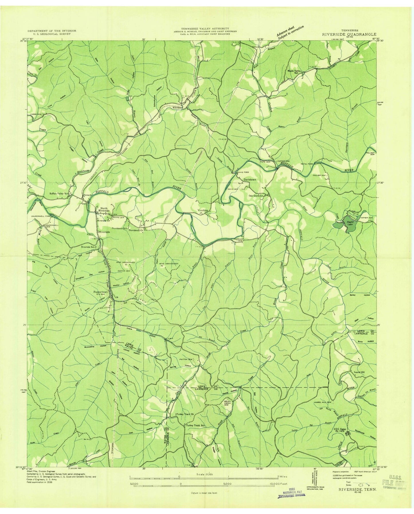 Classic USGS Riverside Tennessee 7.5'x7.5' Topo Map Image