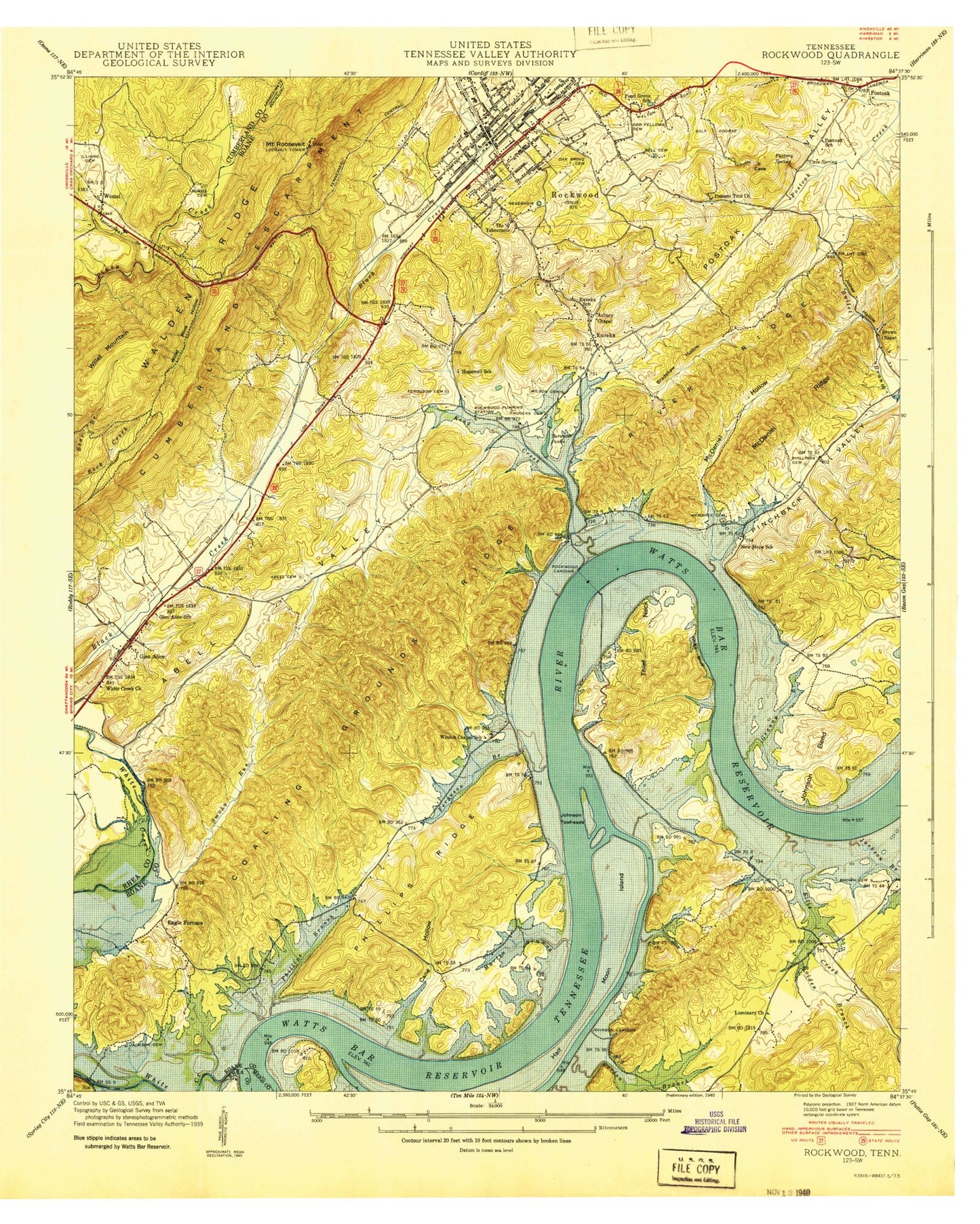Classic USGS Rockwood Tennessee 7.5'x7.5' Topo Map Image
