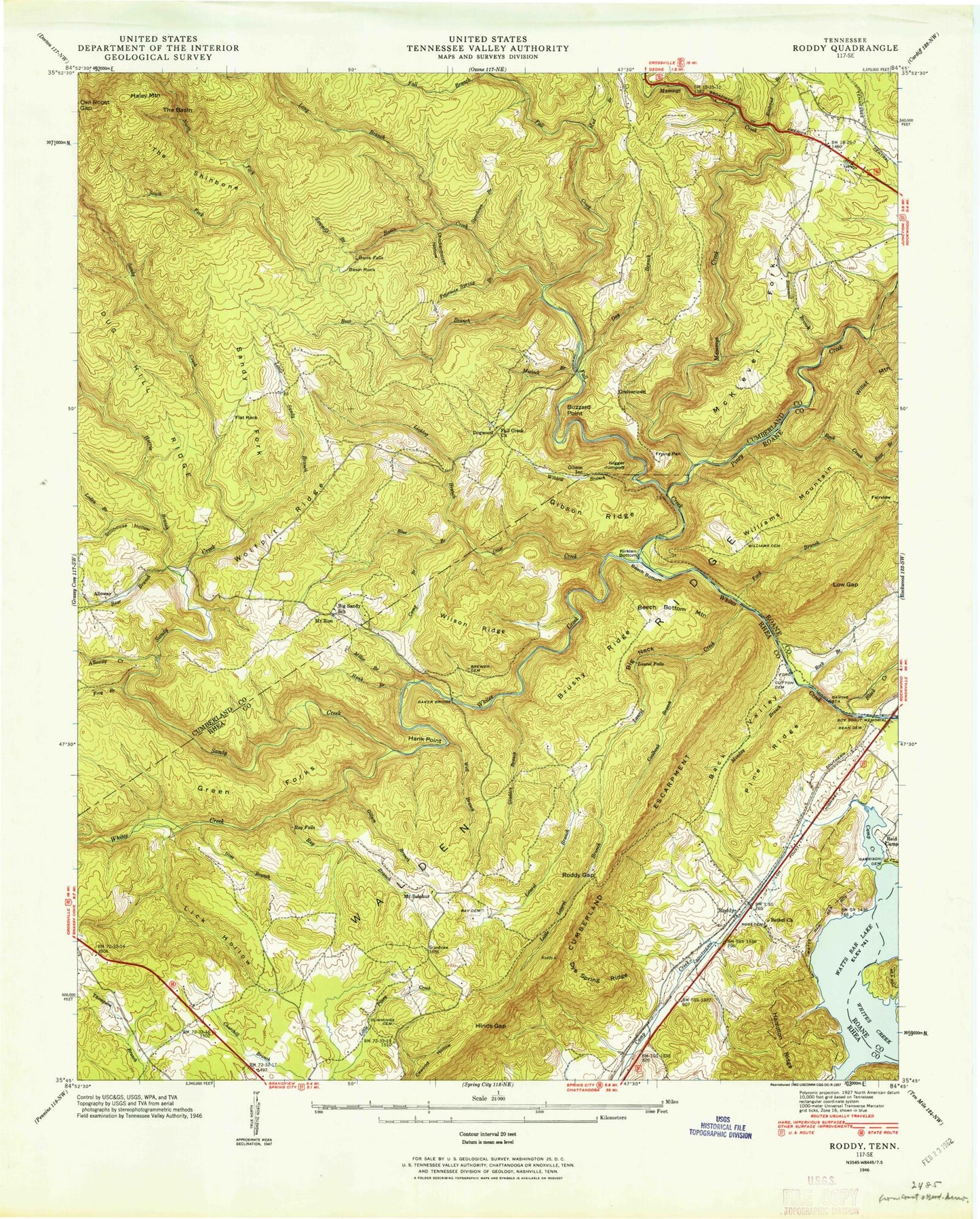 Classic USGS Roddy Tennessee 7.5'x7.5' Topo Map Image
