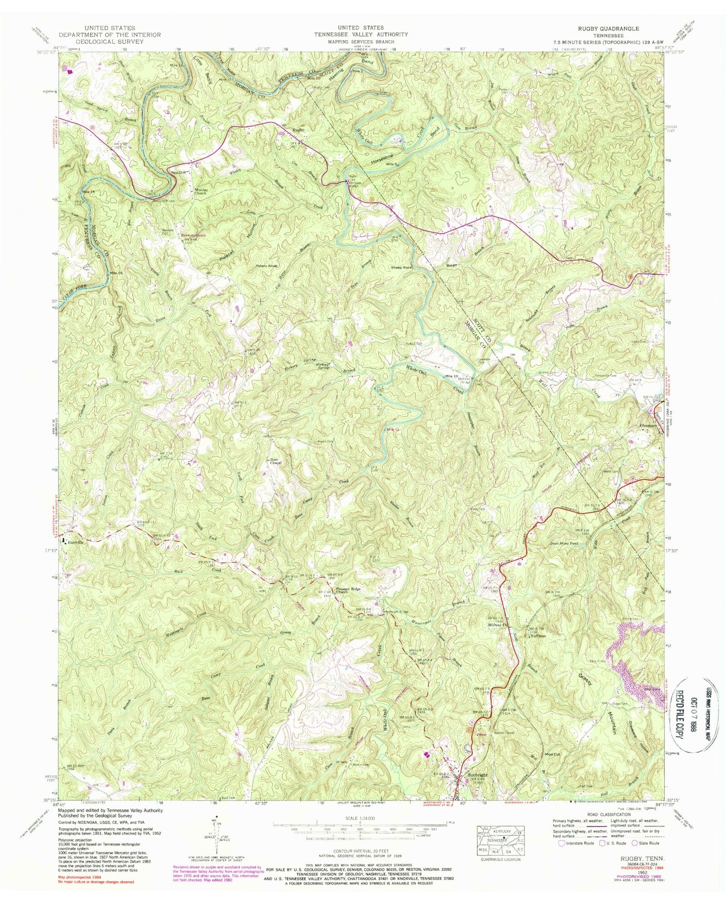 Classic USGS Rugby Tennessee 7.5'x7.5' Topo Map Image