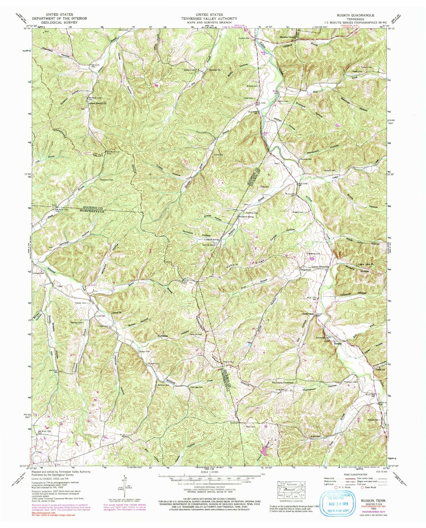 Classic USGS Ruskin Tennessee 7.5'x7.5' Topo Map Image