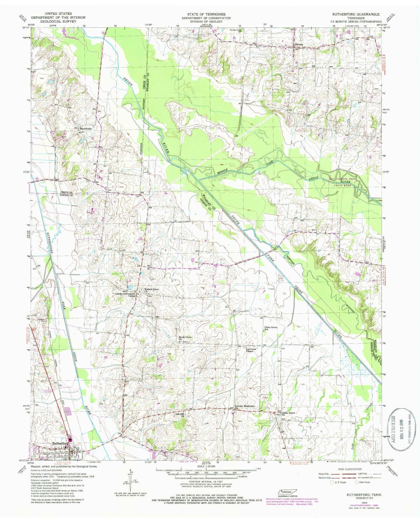 Classic USGS Rutherford Tennessee 7.5'x7.5' Topo Map Image